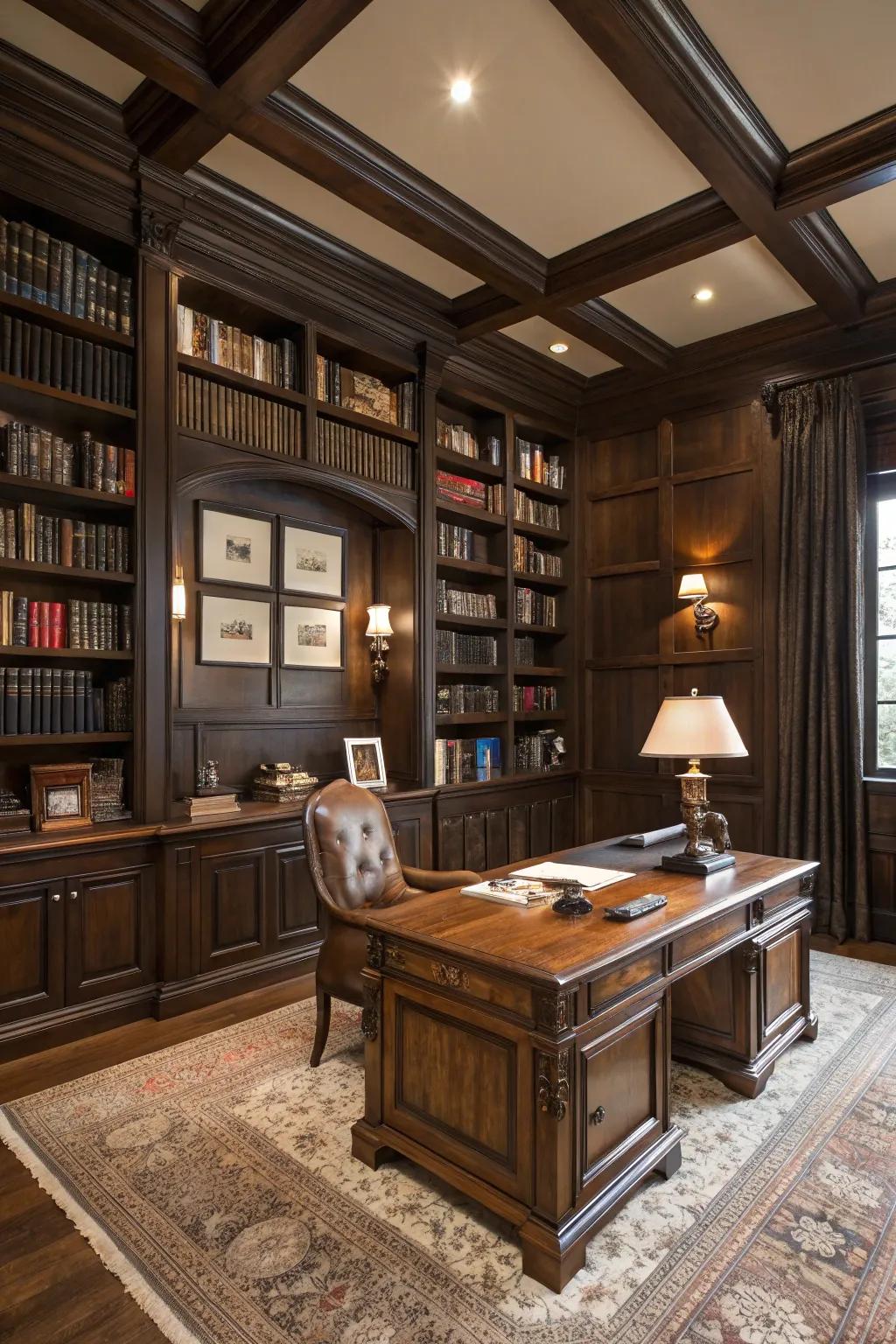 A refined home library showcasing classic decor and rich wood tones.