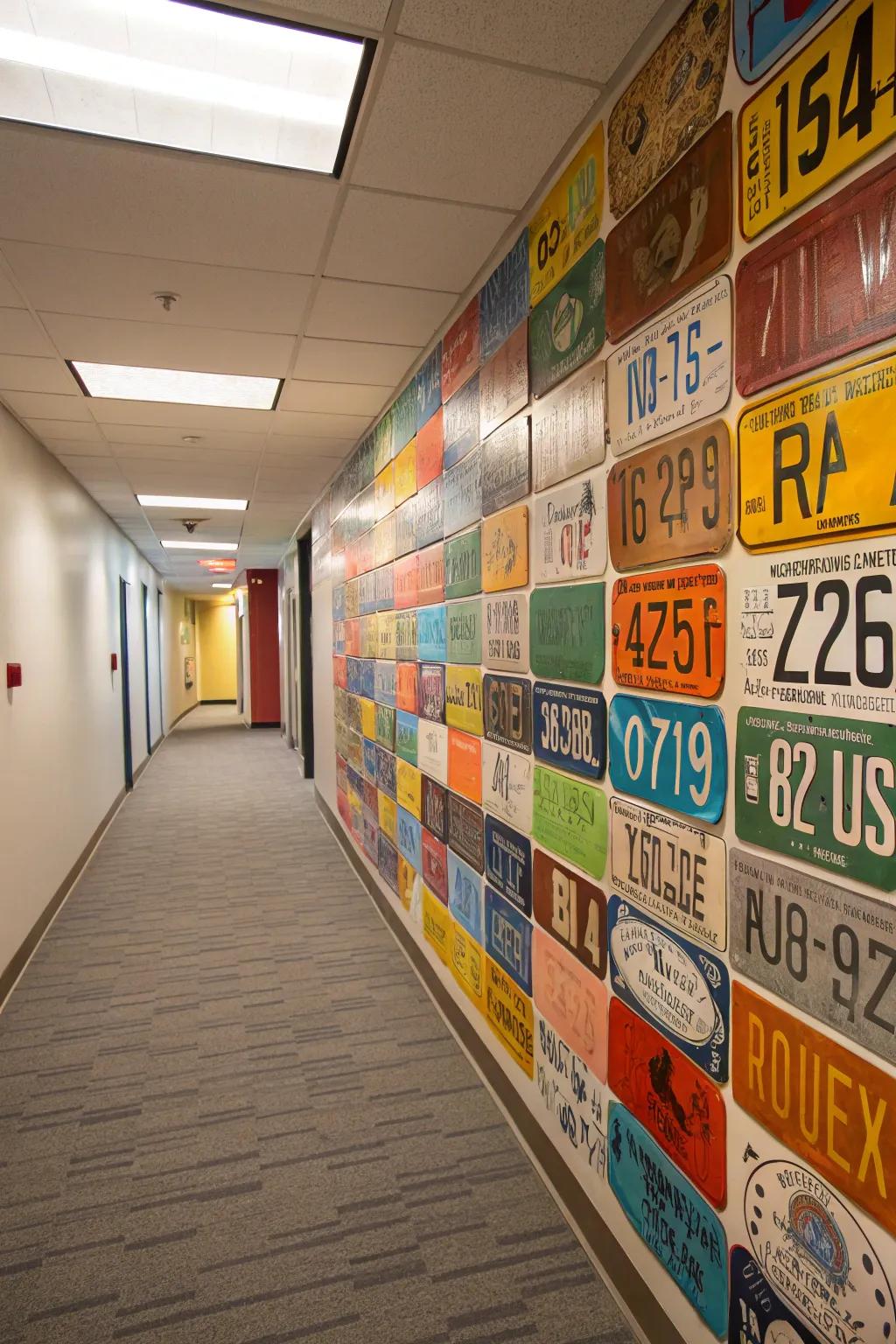 Any wall is brought to life by a diverse collage of registration plates.