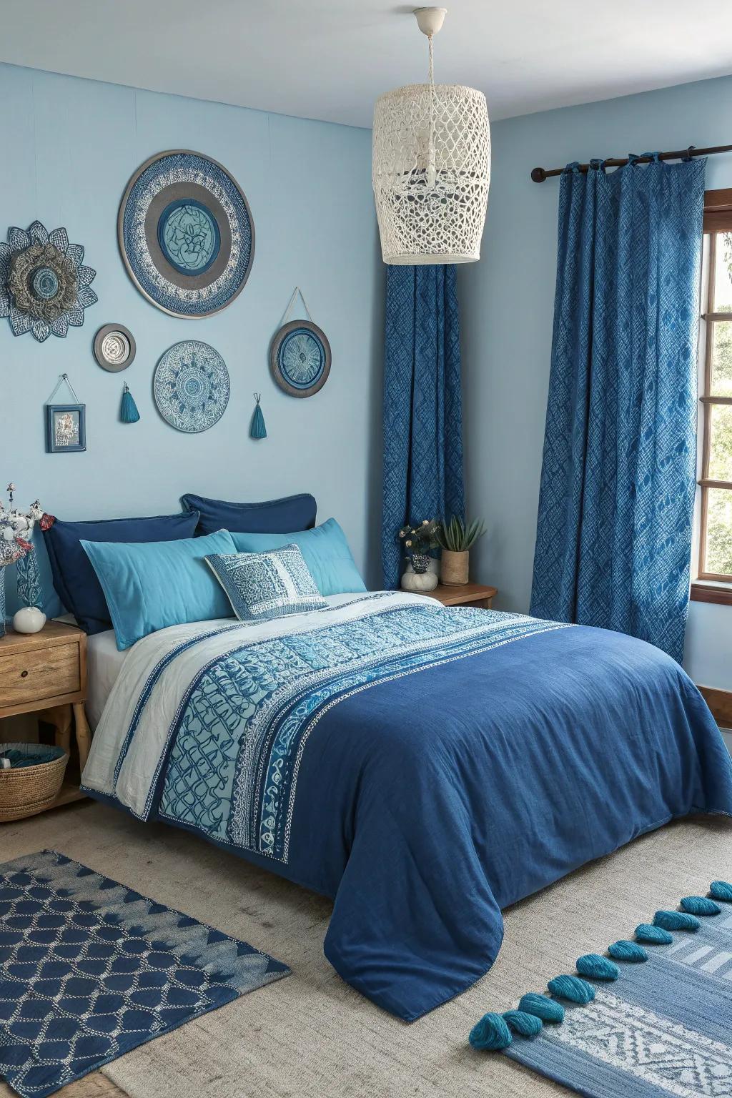 A bedroom features various shades of blue, crafting a cohesive and dynamic design.