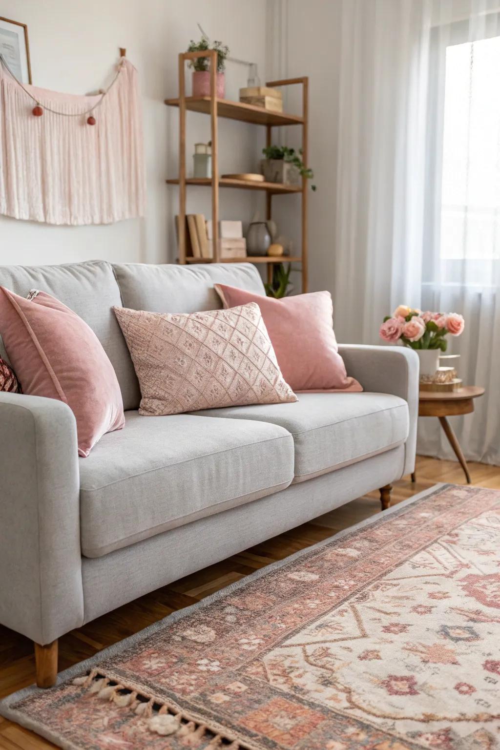 Rose tint accents add a gentle elegance to a muted stone sofa.