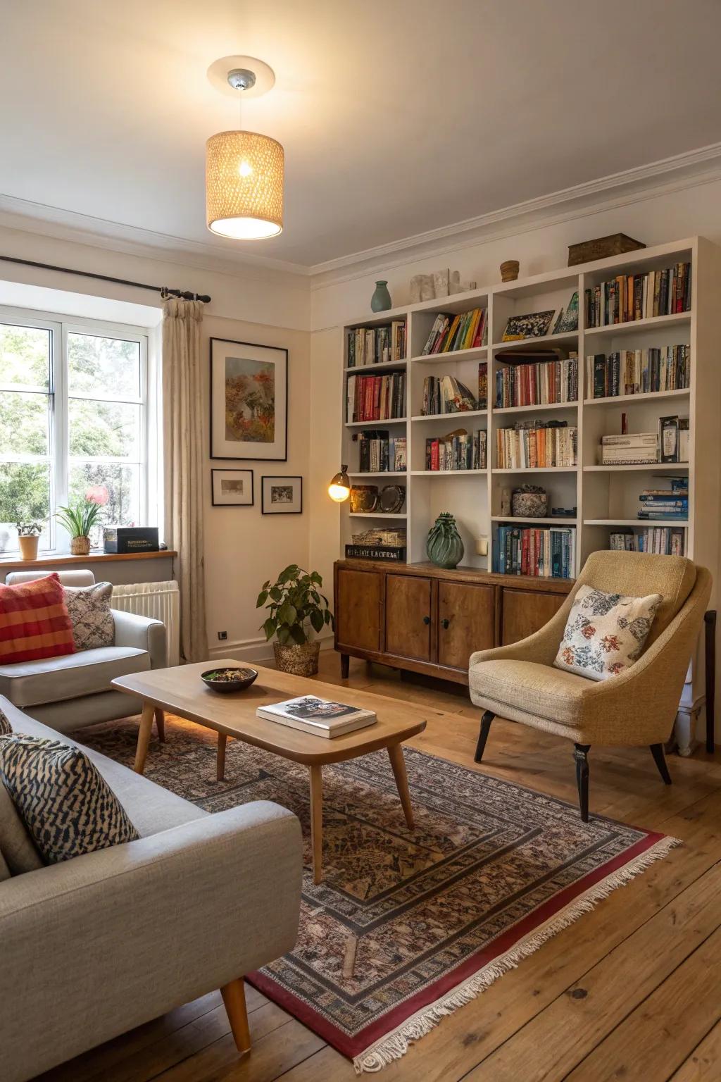 A varied mix of furniture styles in a living room with light wood floors, creating a unique and welcoming space.