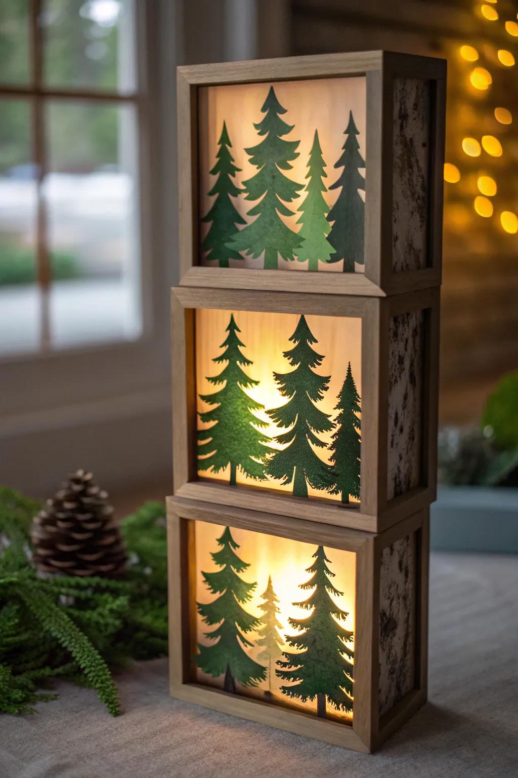 A glowing 3D forest within a diorama