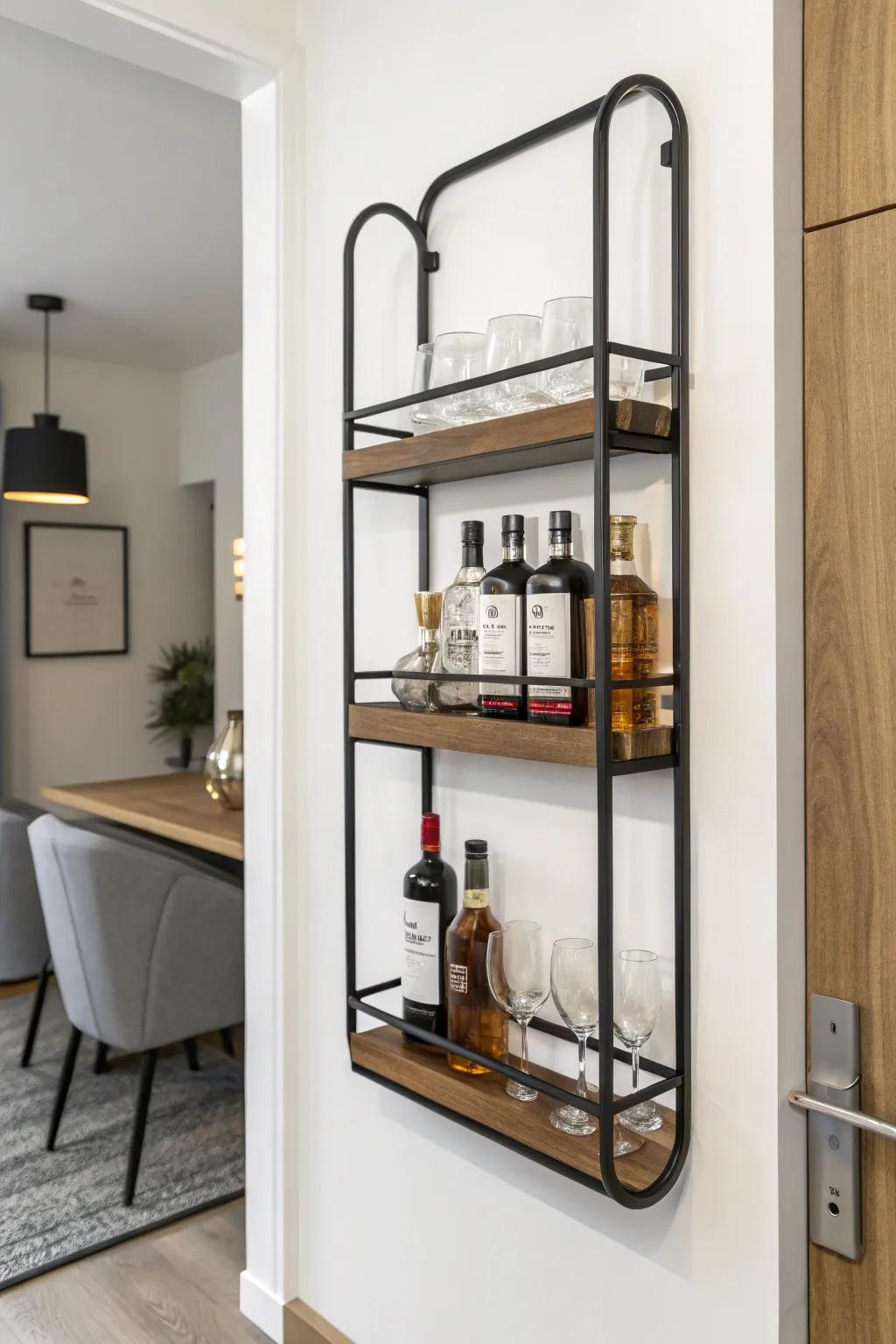 Understated charm of a wall-mounted liquor rack.