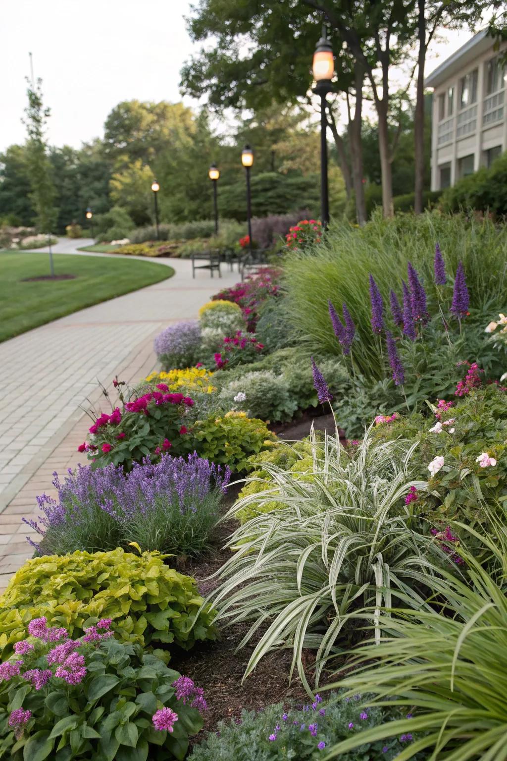A harmonious blend of liriope, shrubs, and flowers creating a vibrant garden.