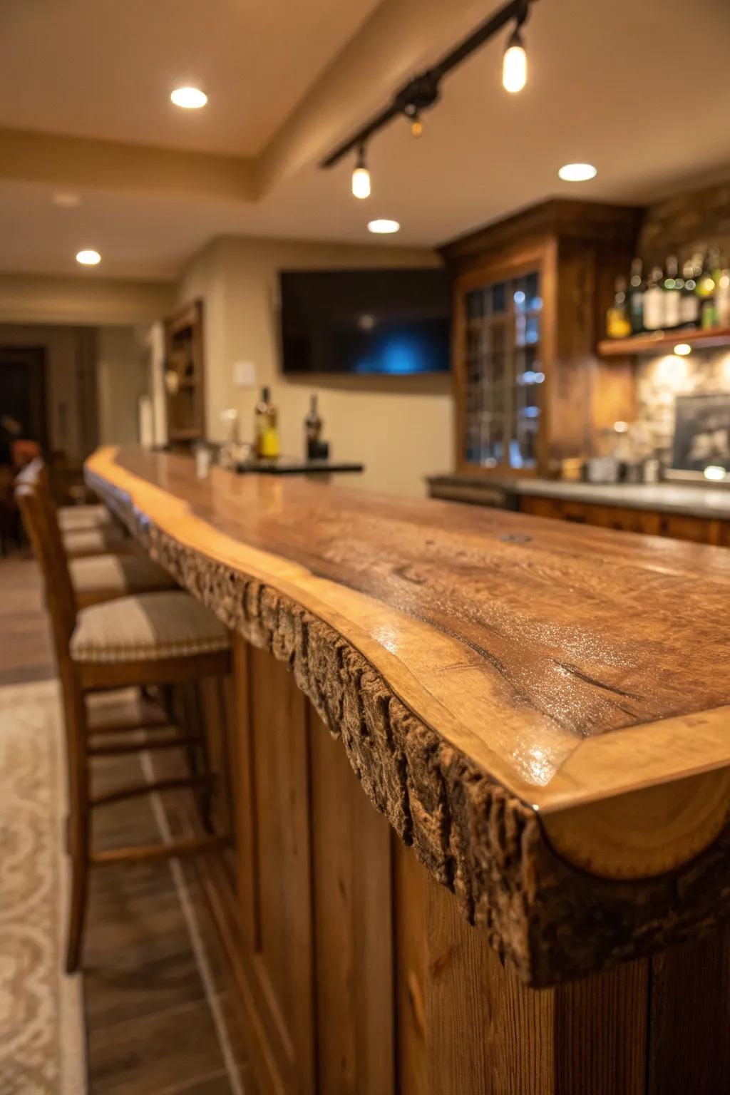 A warm-toned live edge bar that infuses a cozy element into any home environment.