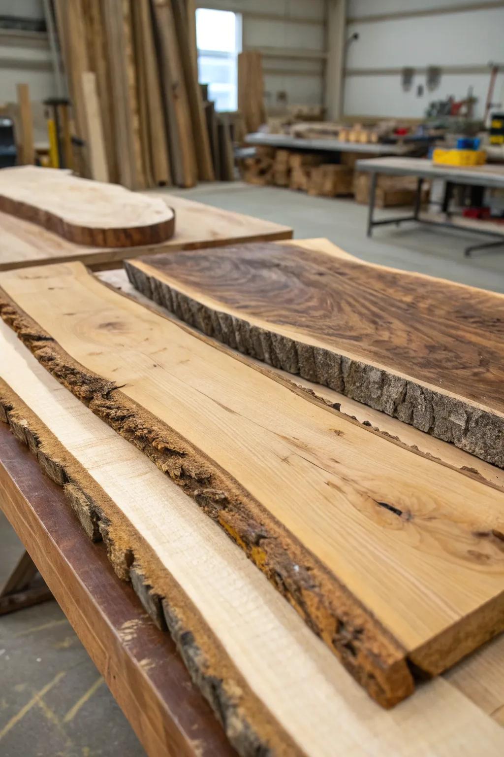 A range of varied timber types prepared to change into natural-edge worktops.