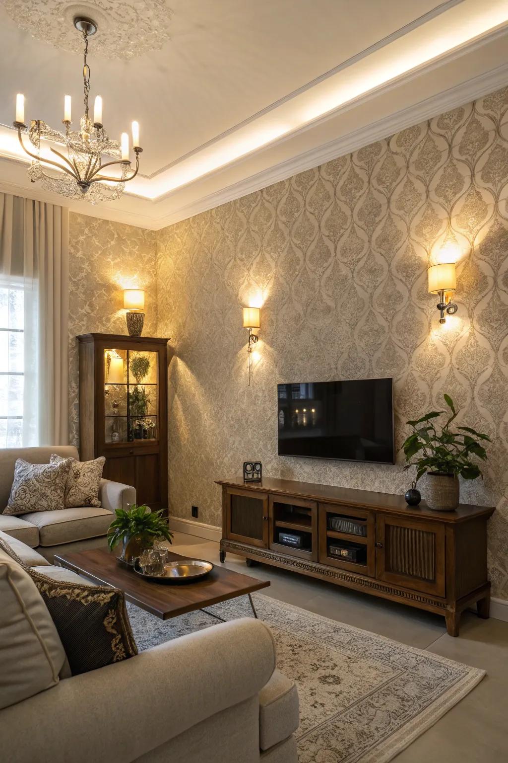 Creative lighting choices highlight textures and colors, enhancing visual interest on this living room feature wall.
