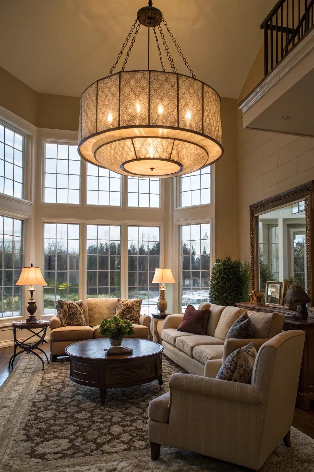 Large-scale pendants function as striking central features.