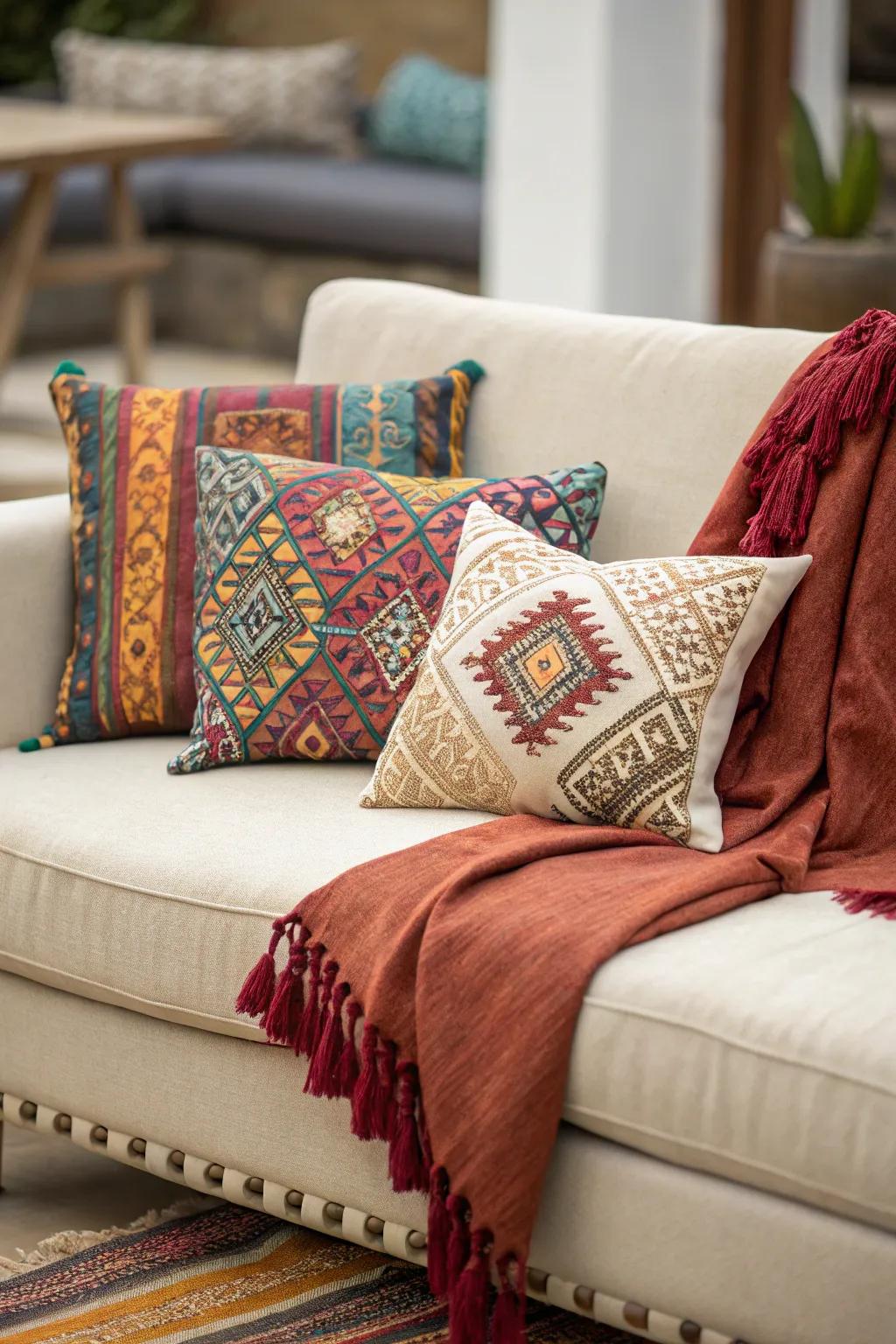A subtle couch paired with vibrant accents.