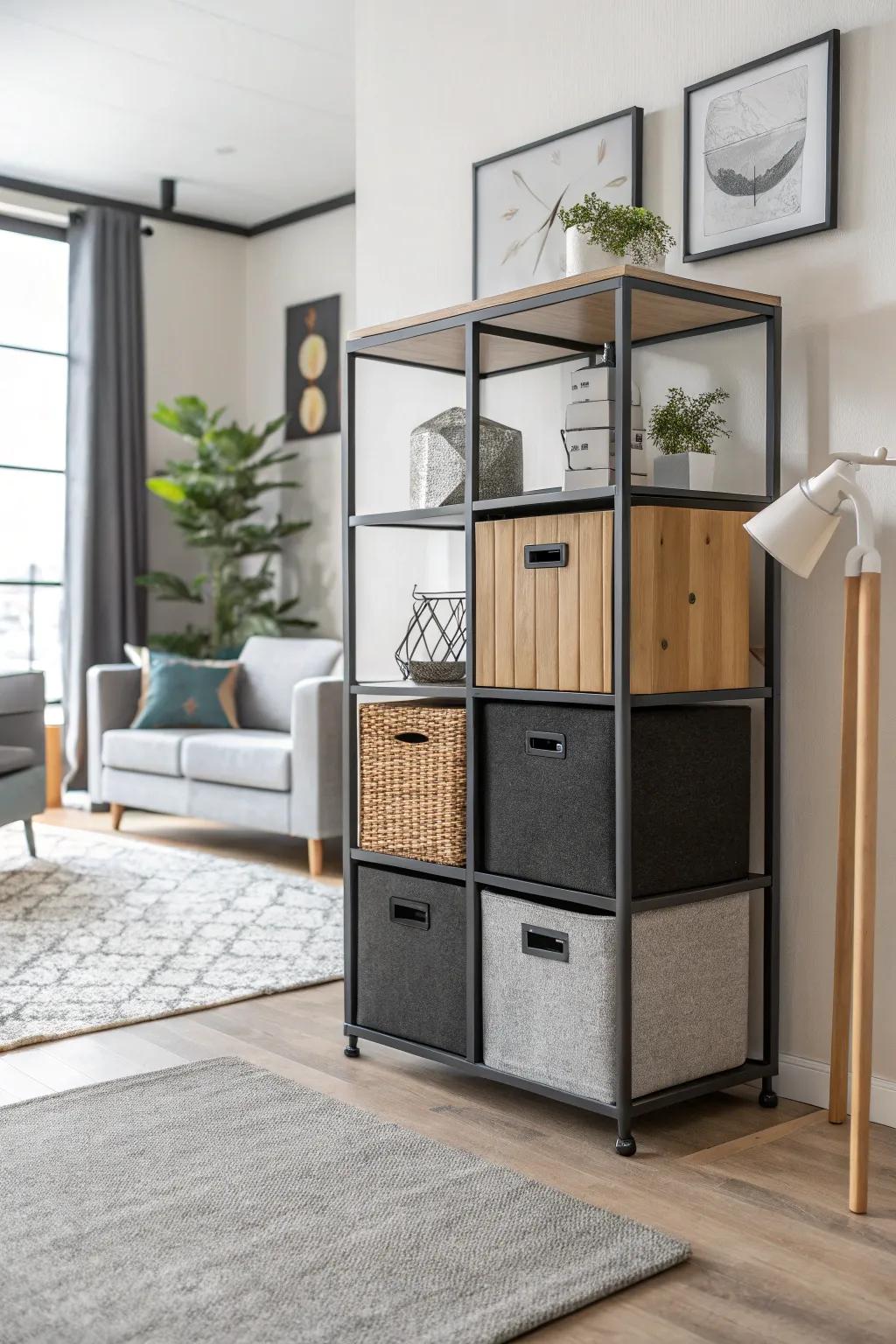 A fusion of materials in modular storage appends texture and dimension to the area.