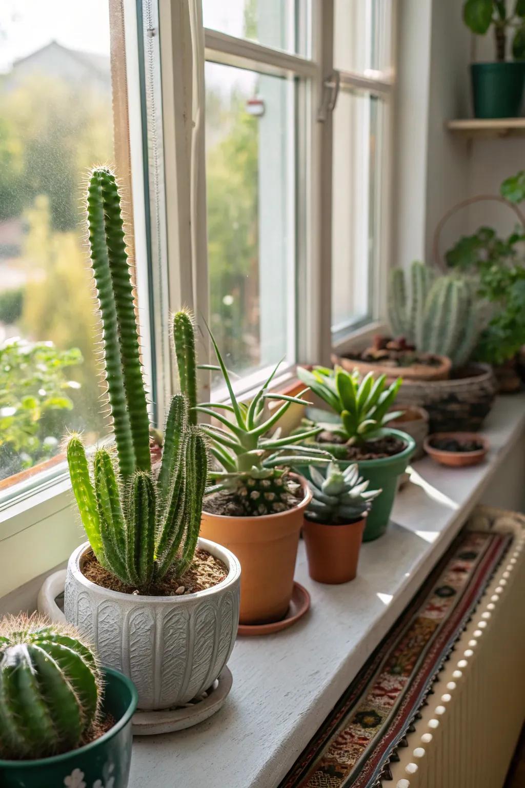 Sun-affectionate plants thrive on a window ledge.
