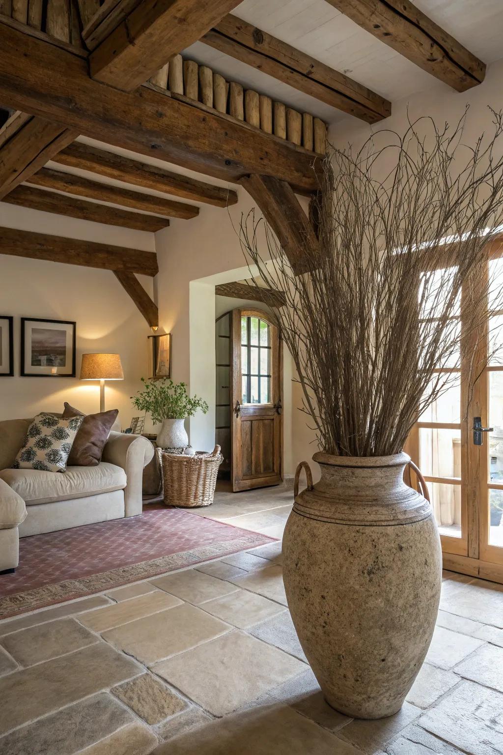 Countryside elements, including sprigs and raw fibers, enrich the lustrous facade of a pottery vase.