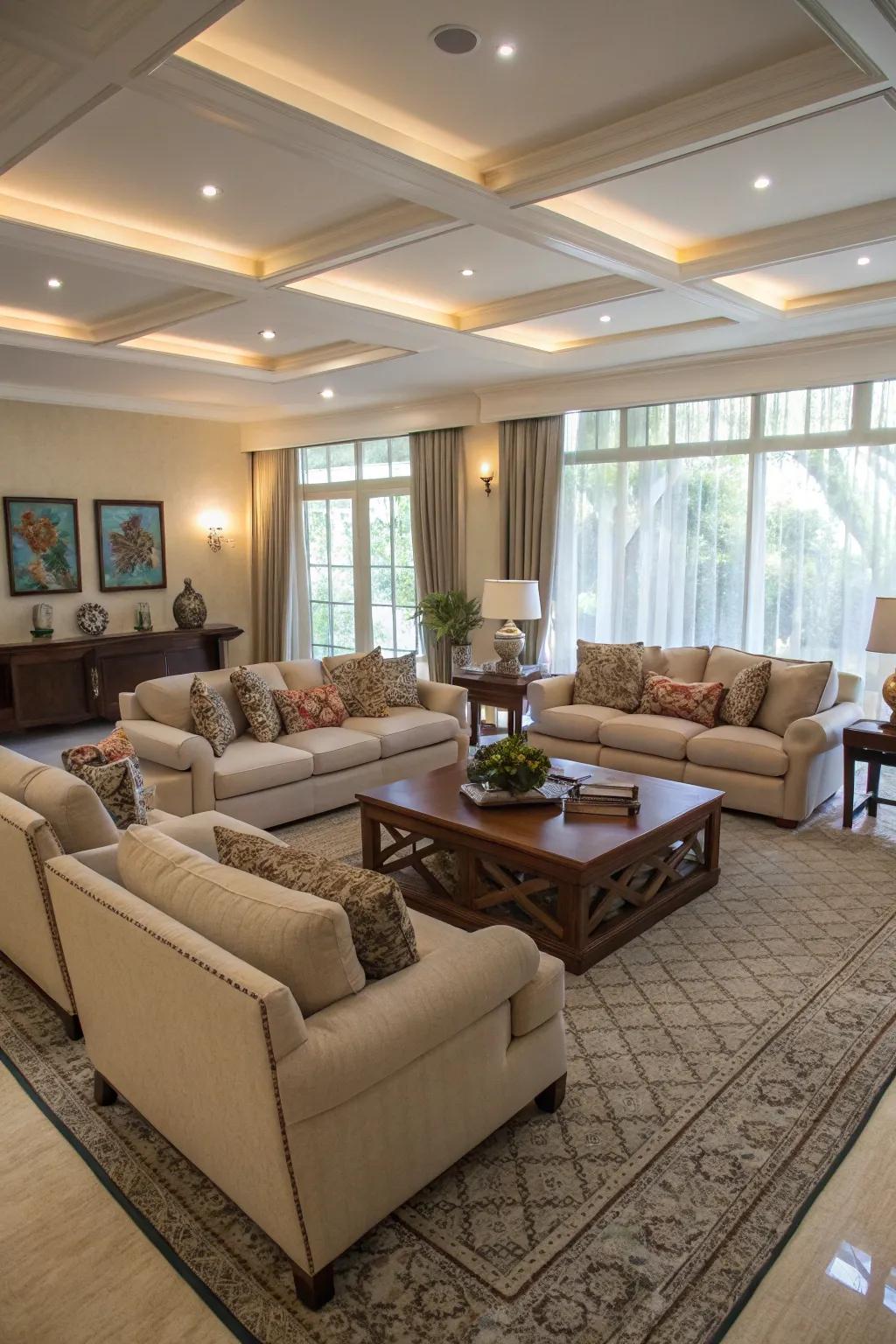 A roomy lounge featuring a U-shaped seating arrangement ideal for get-togethers.