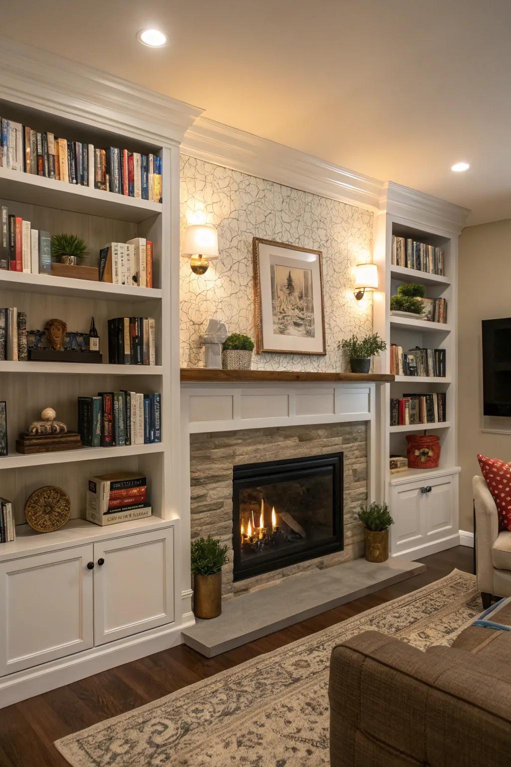 Integrated storage around a fireplace for style and storage.