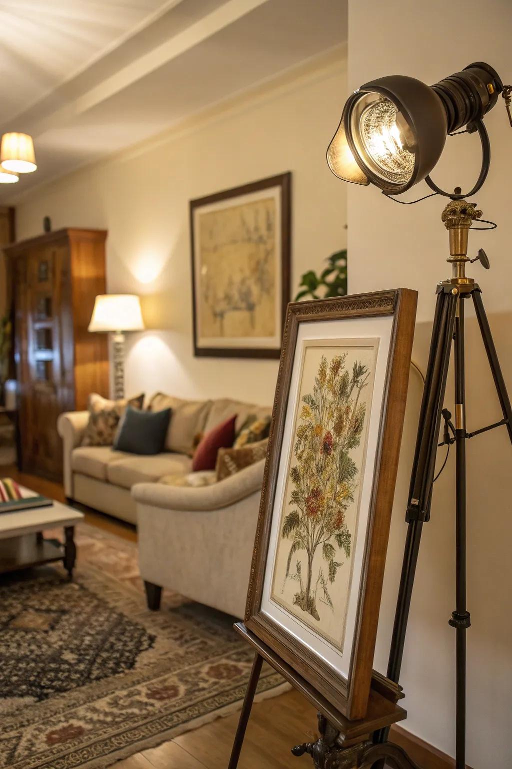 Emphasizing illumination brings attention to the artwork in this living space.