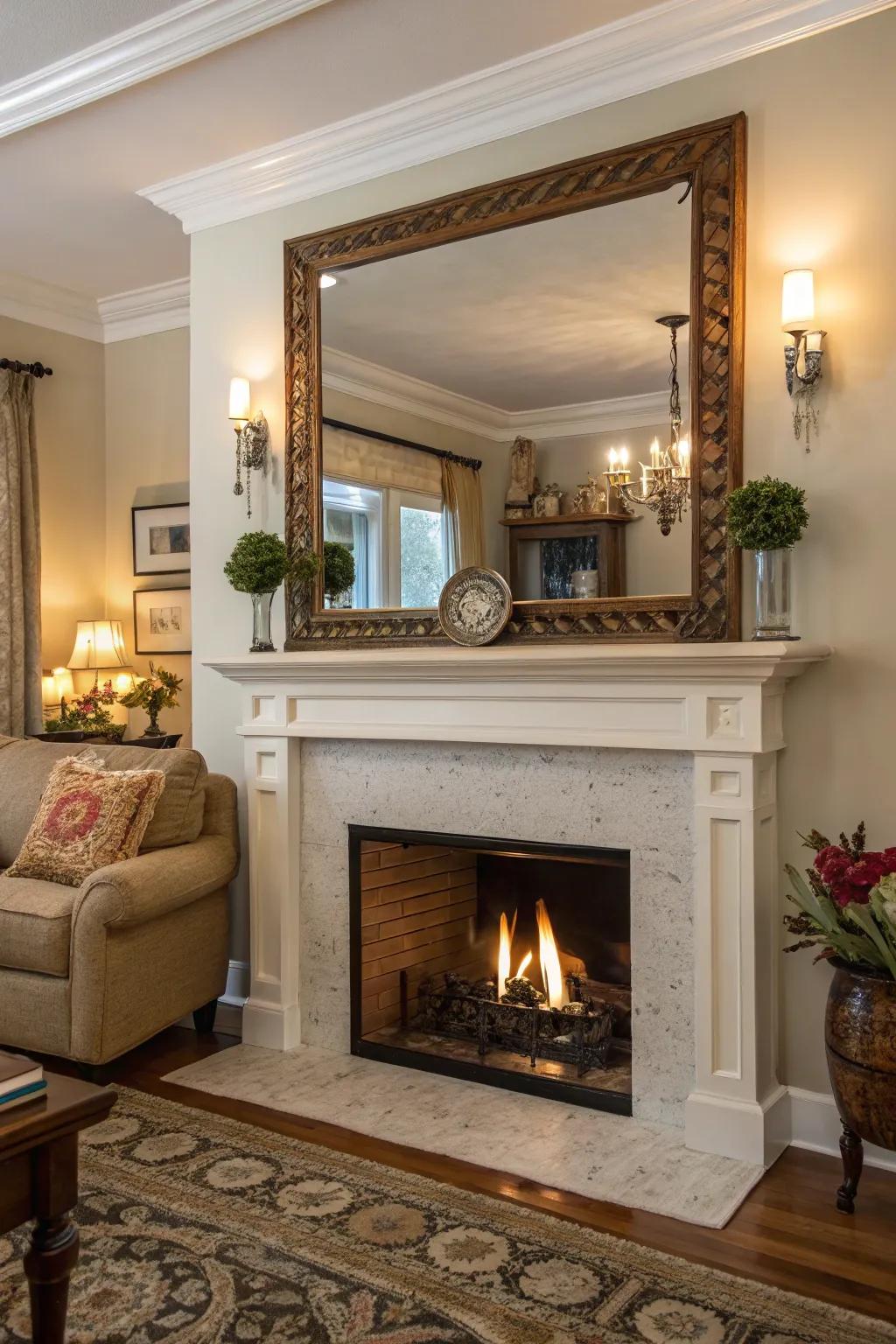 A mirror over the mantel enriches the allure and emphasis of your fireplace.