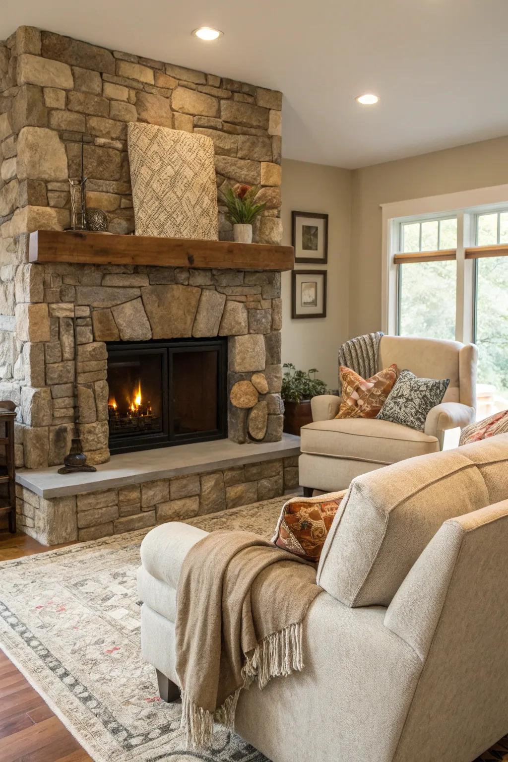 Textured stones build depth and individuality to your fireplace.