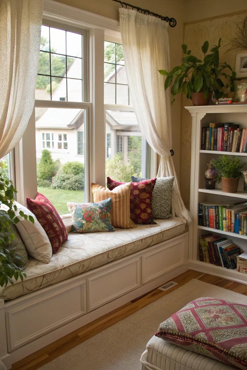 A calm window seat offers the ideal setting for rest.