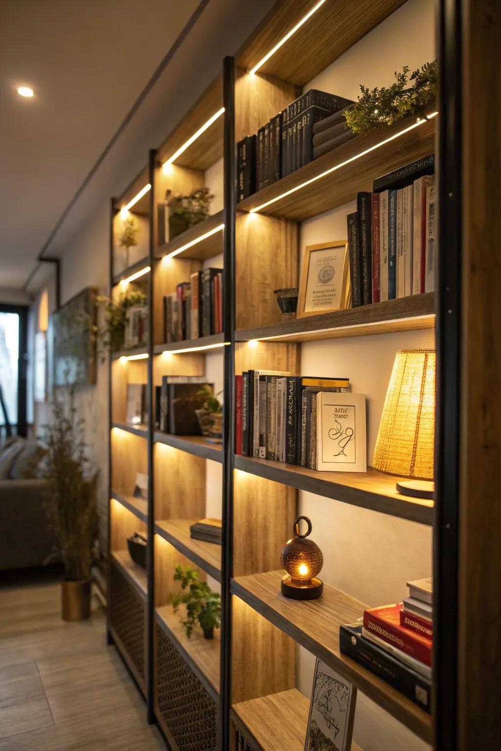 Illumination can significantly elevate the appeal of your bookshelves.