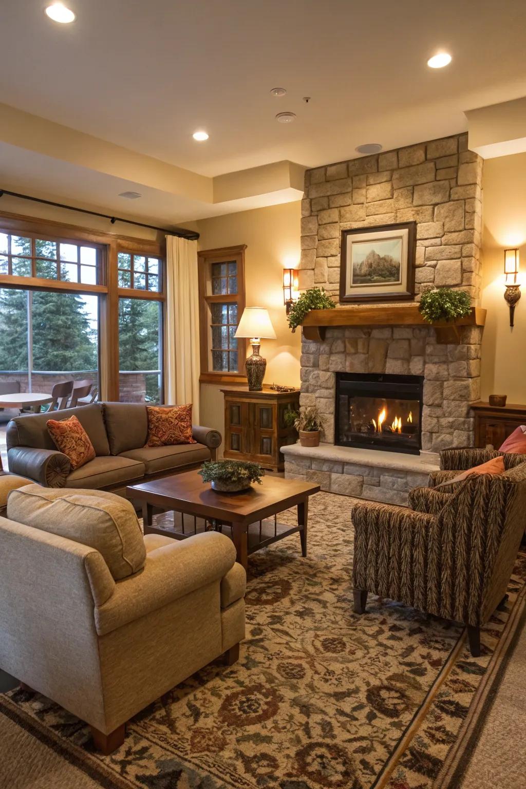 A functional living room design featuring seating arranged around a central fireplace.