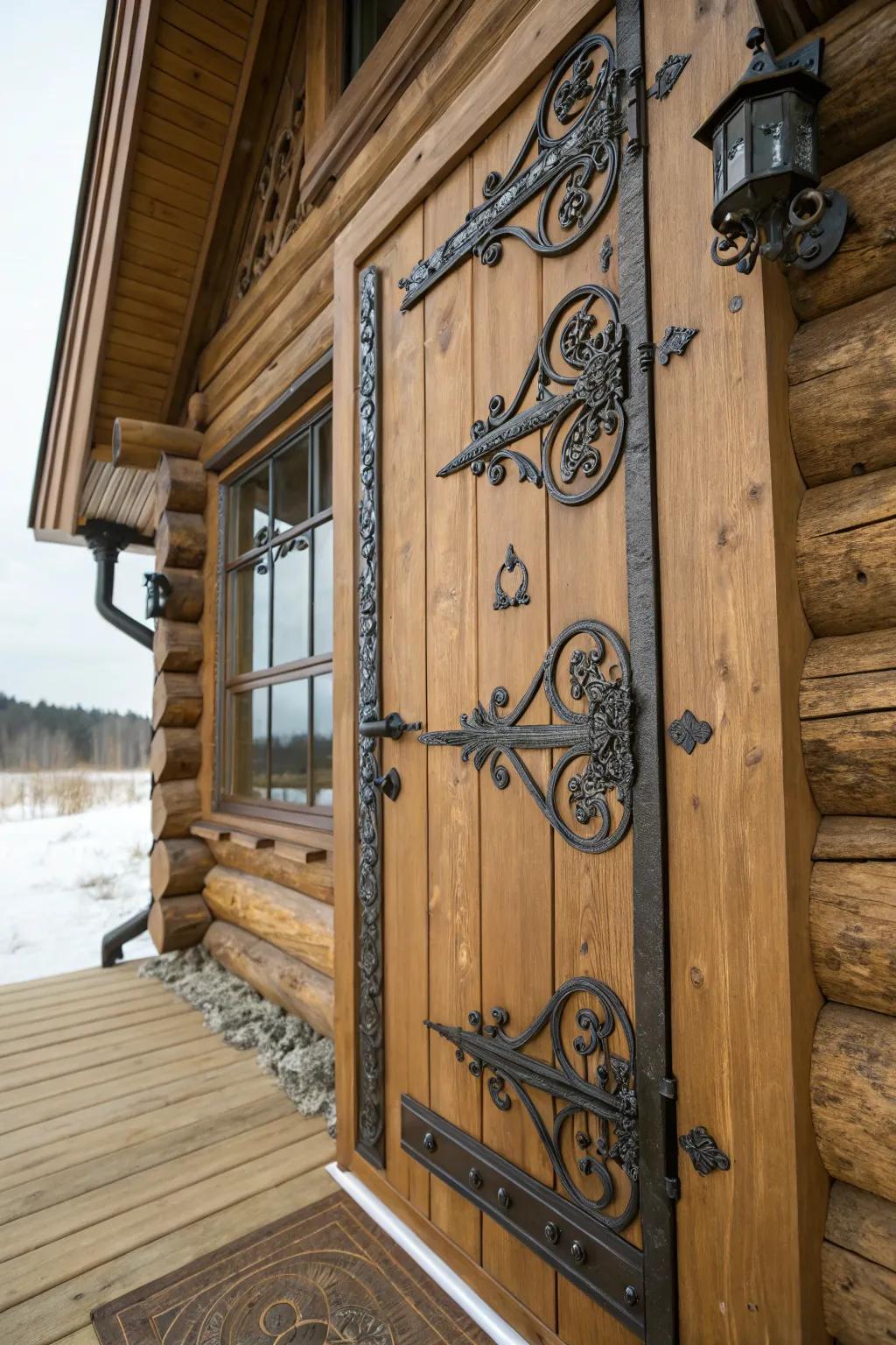 Fancy ironwork hardware on a log cabin door.