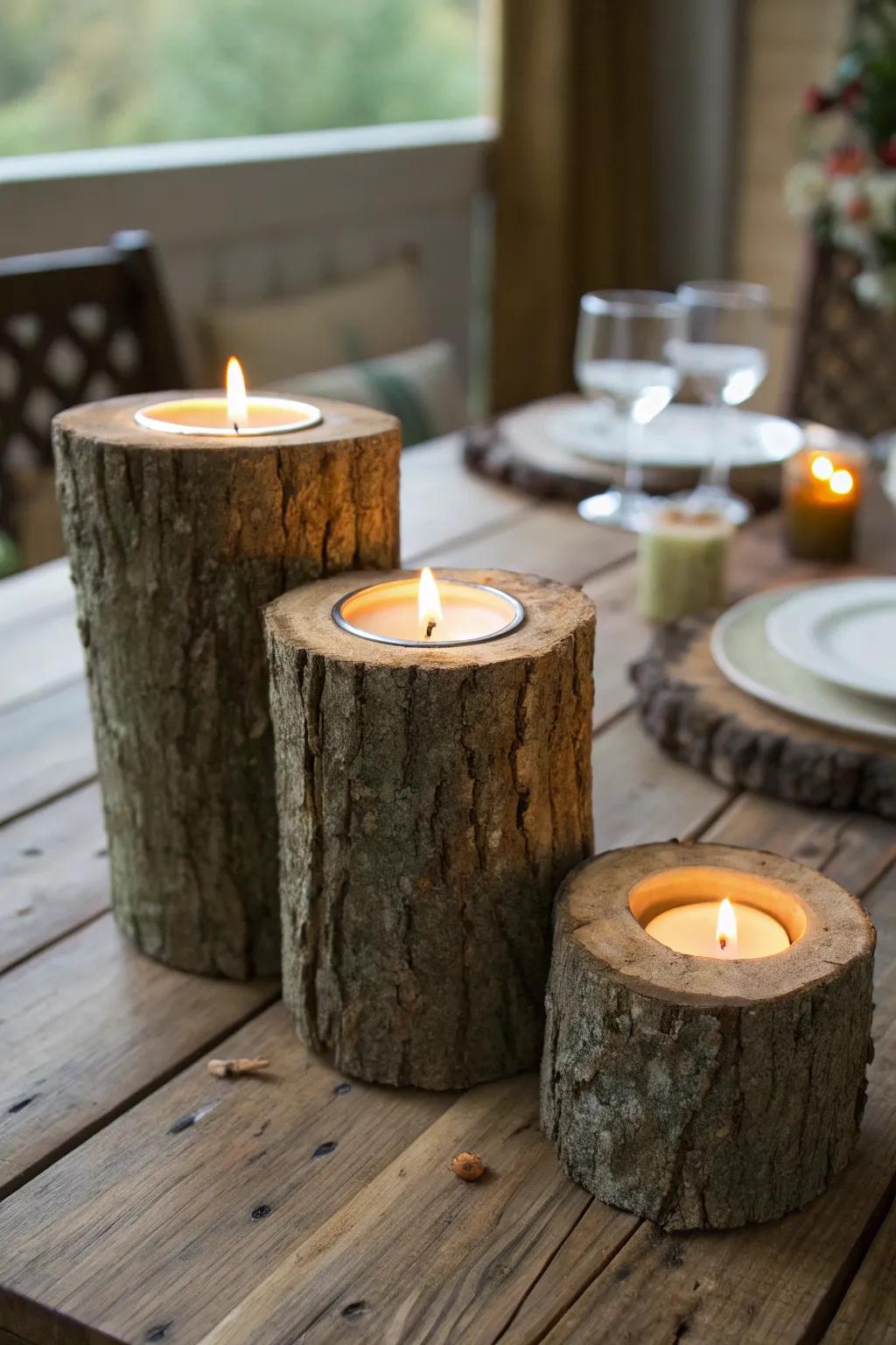 Log candle perches emitting a gentle light.