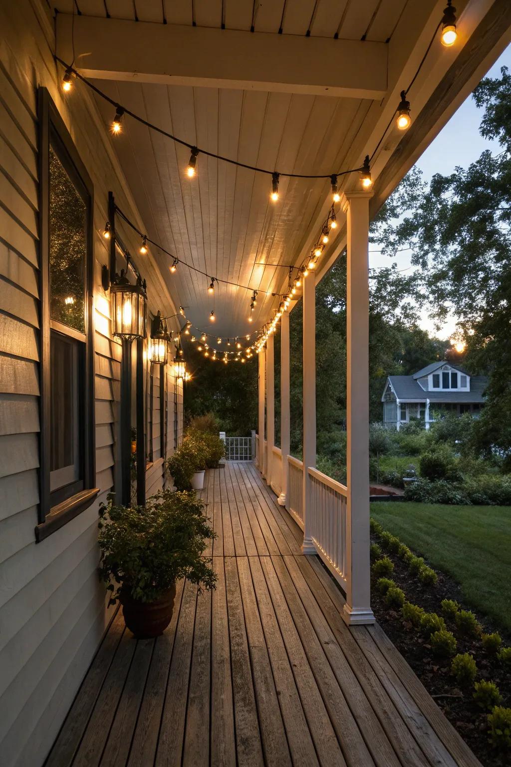 Stylish illumination changes the atmosphere of a wide porch, ideal for evening gatherings.