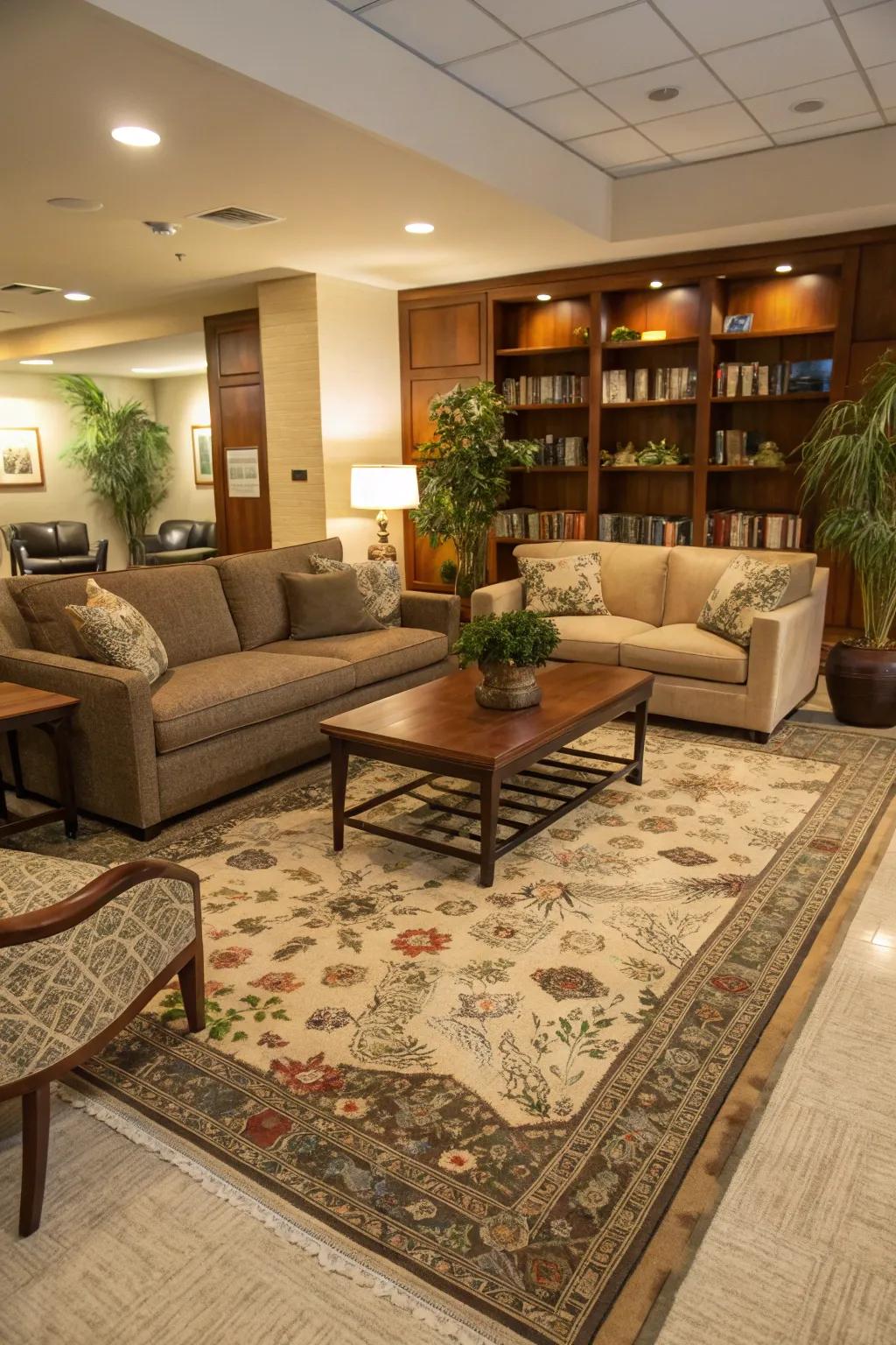 Floor coverings cleverly delineate and secure seating areas.