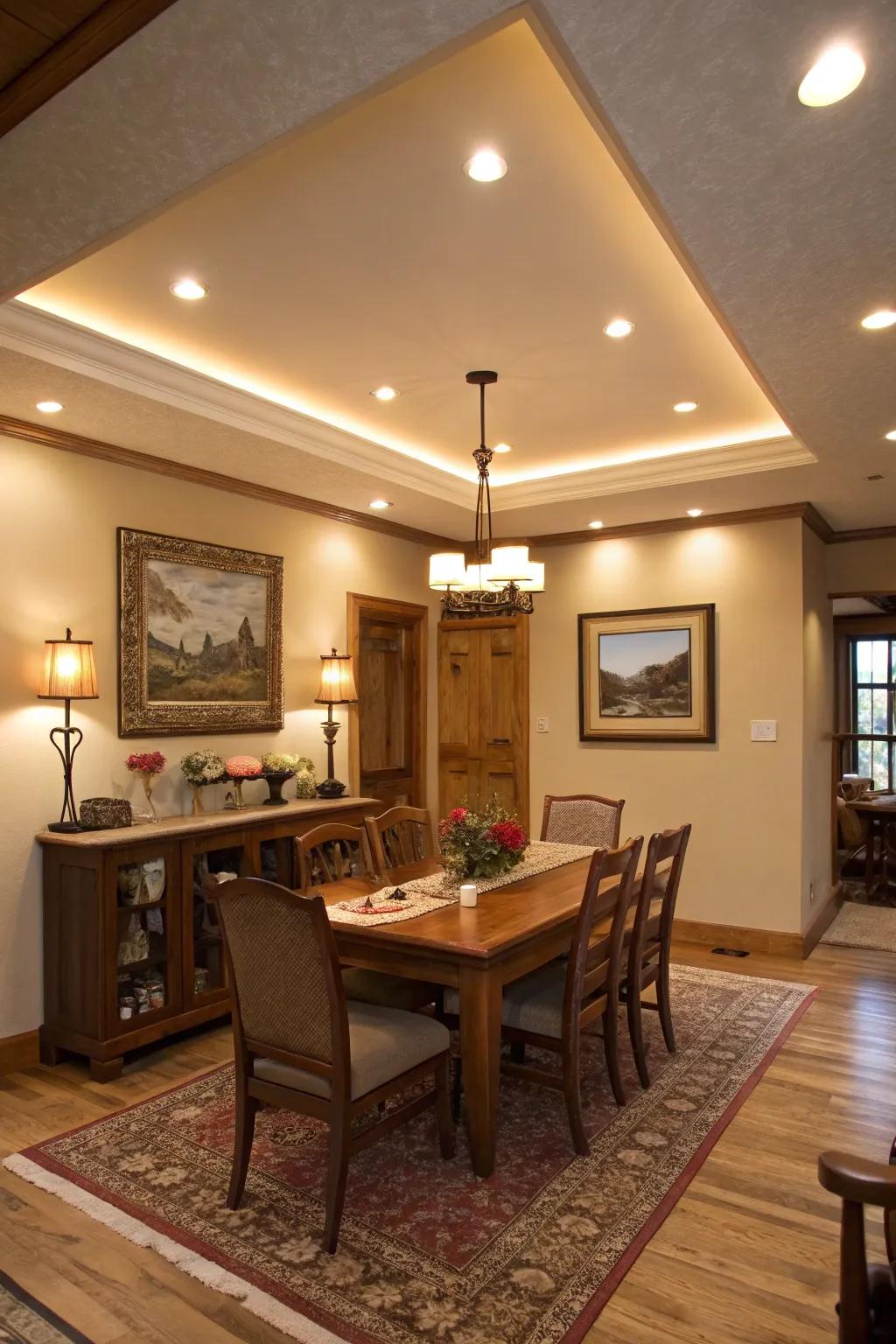 A minimalist dining area featuring recessed lights.