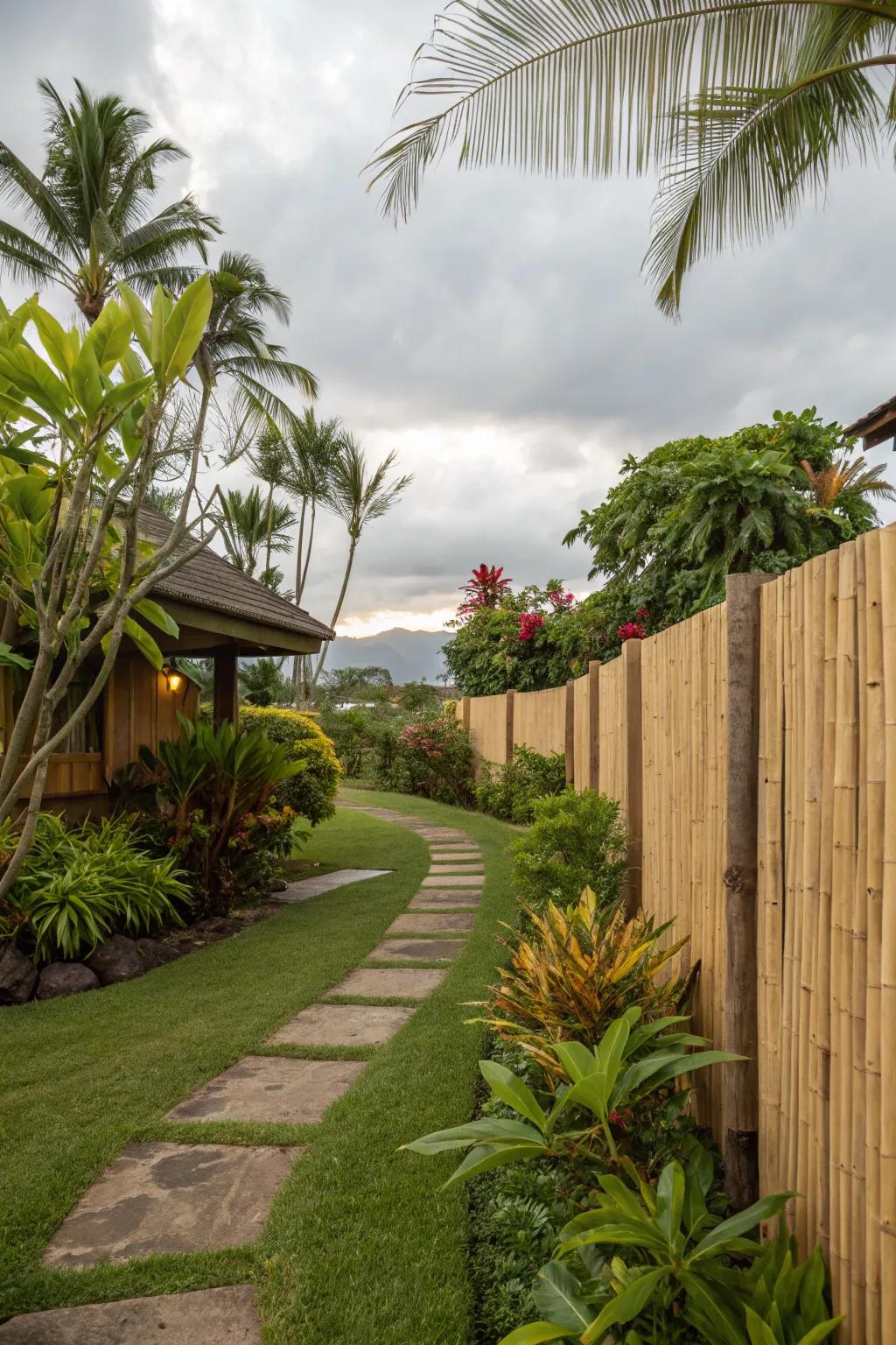 An eco-friendly bamboo barrier heightens the tropical ambiance of this front yard.