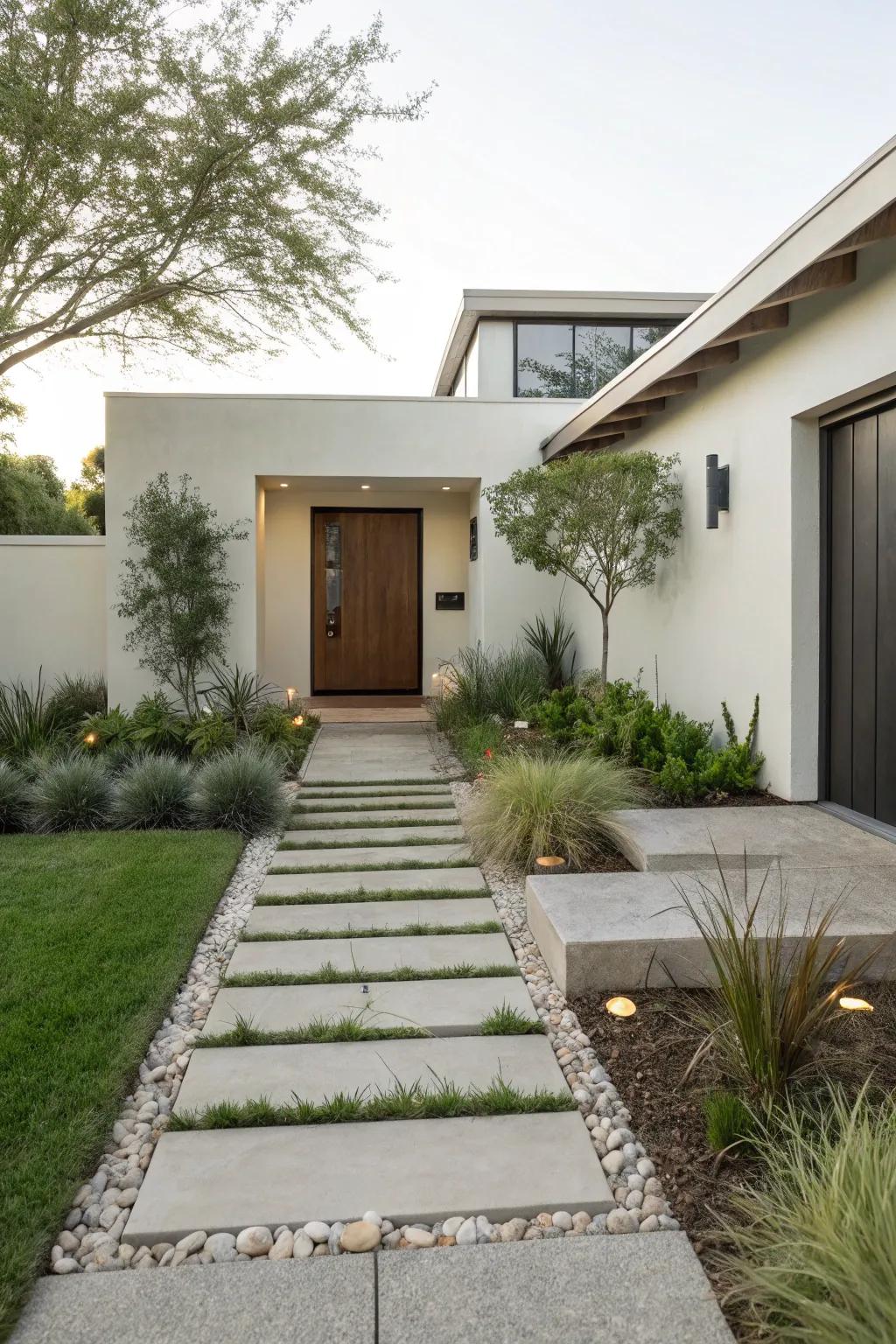 A minimalist front yard characterized by uncluttered contours and thoughtfully positioned flora.