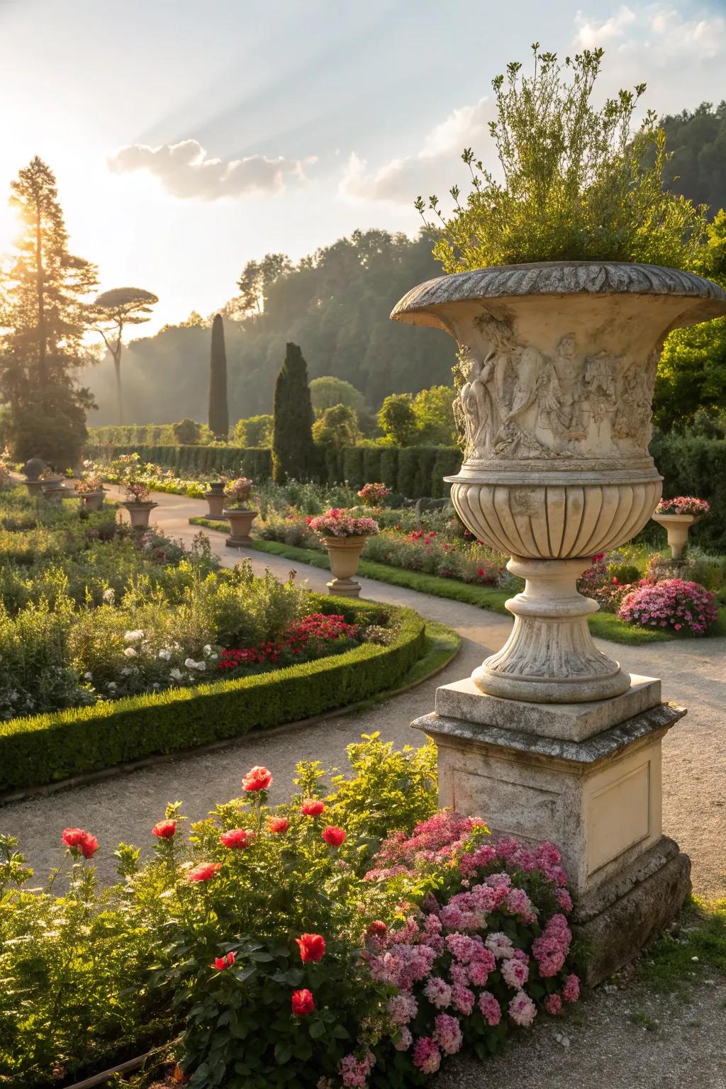 Decorative features that give character and charm to a garden that's easy to care for.
