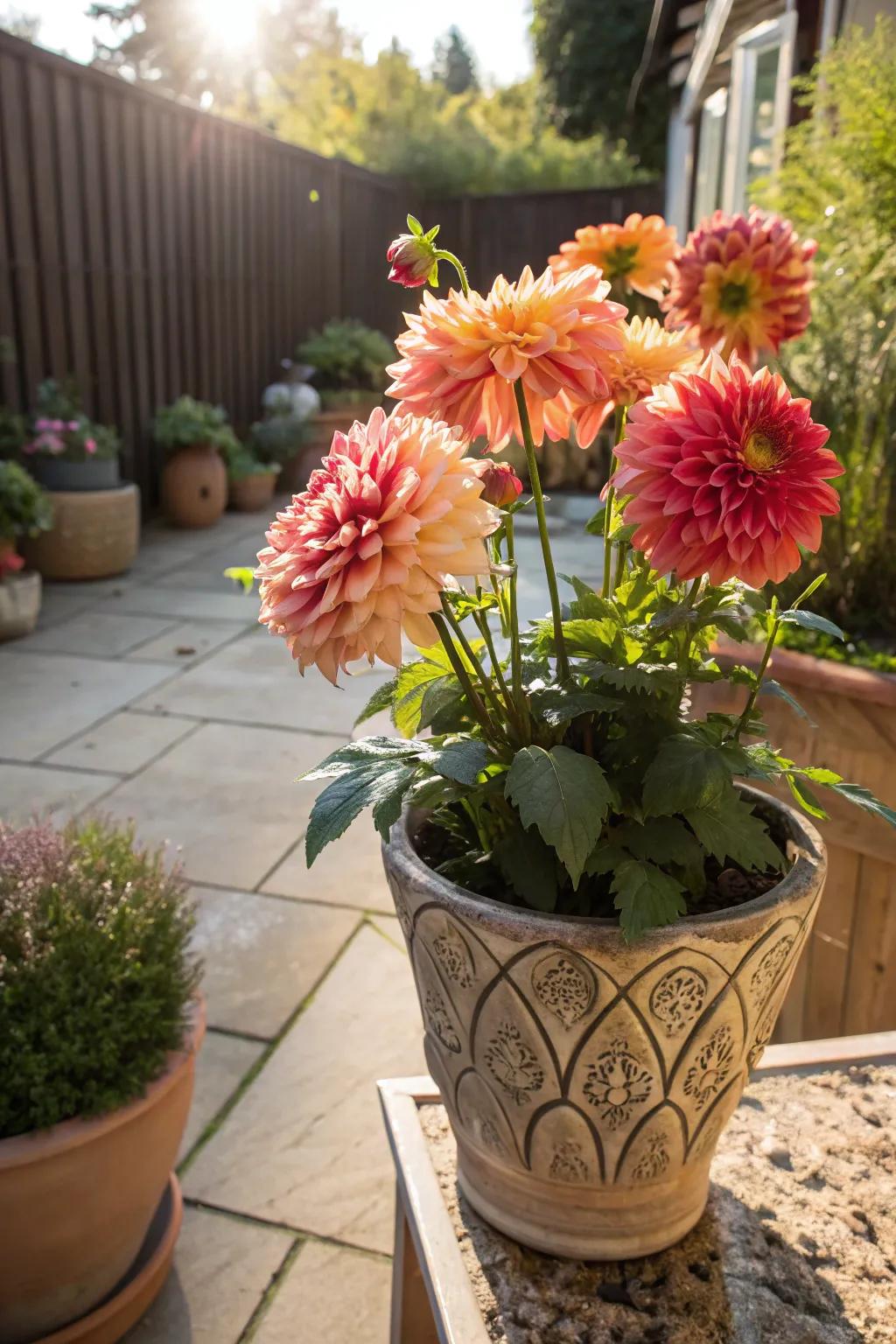Grand Bloom adding drama to a sunny garden patio.