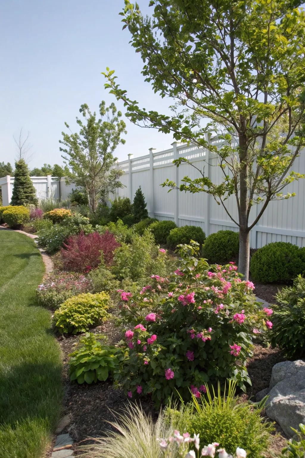 Bushes and saplings add structure to a perennial-filled garden.