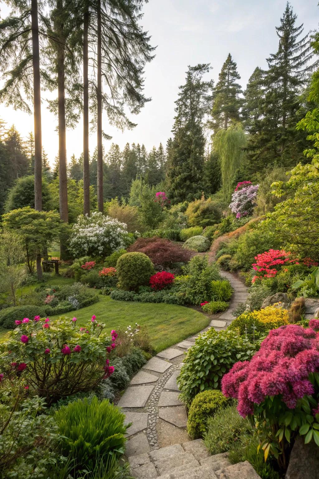 A lush garden showcasing a mix of local and exotic plants.