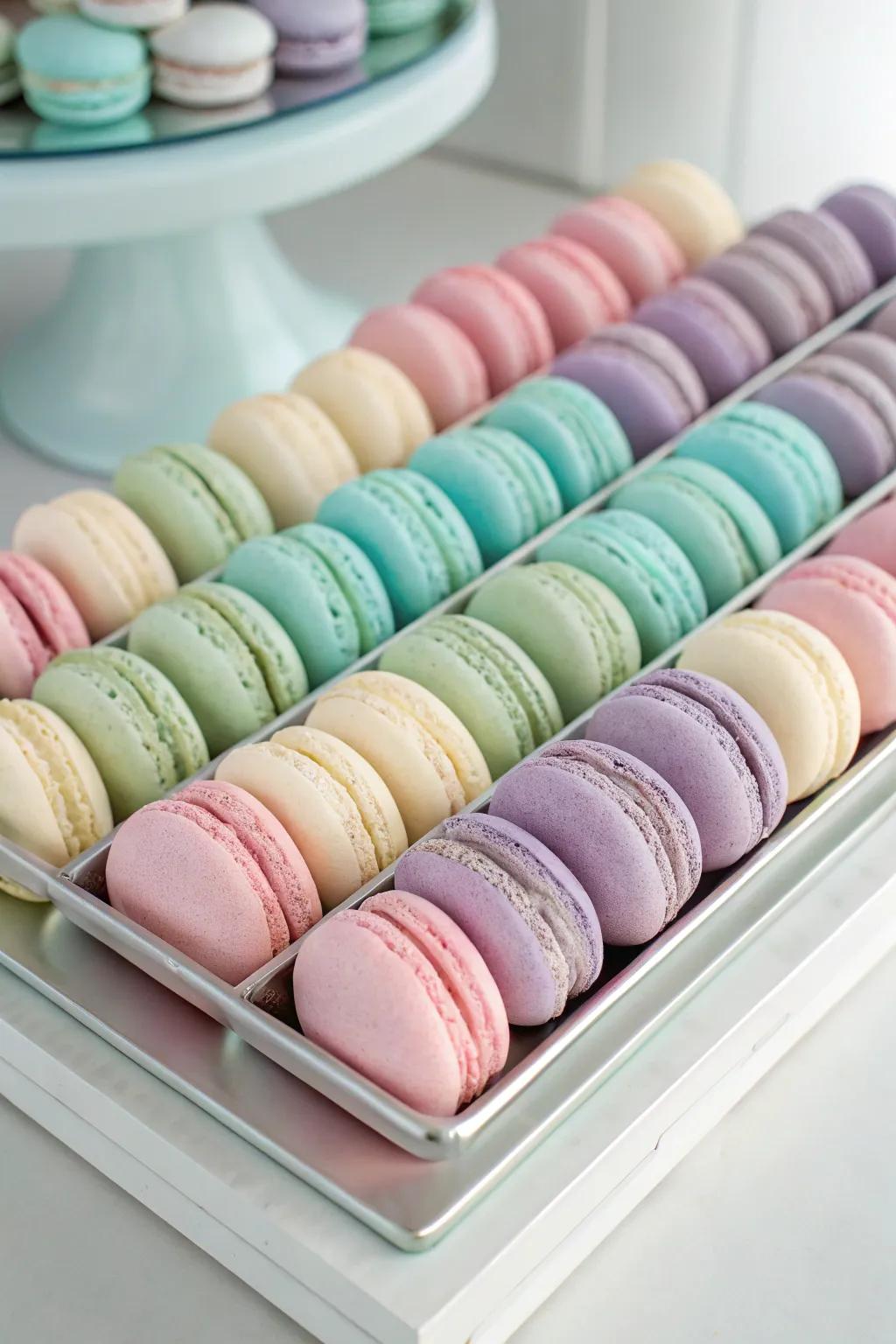 Uniform color macarons in gentle shades.