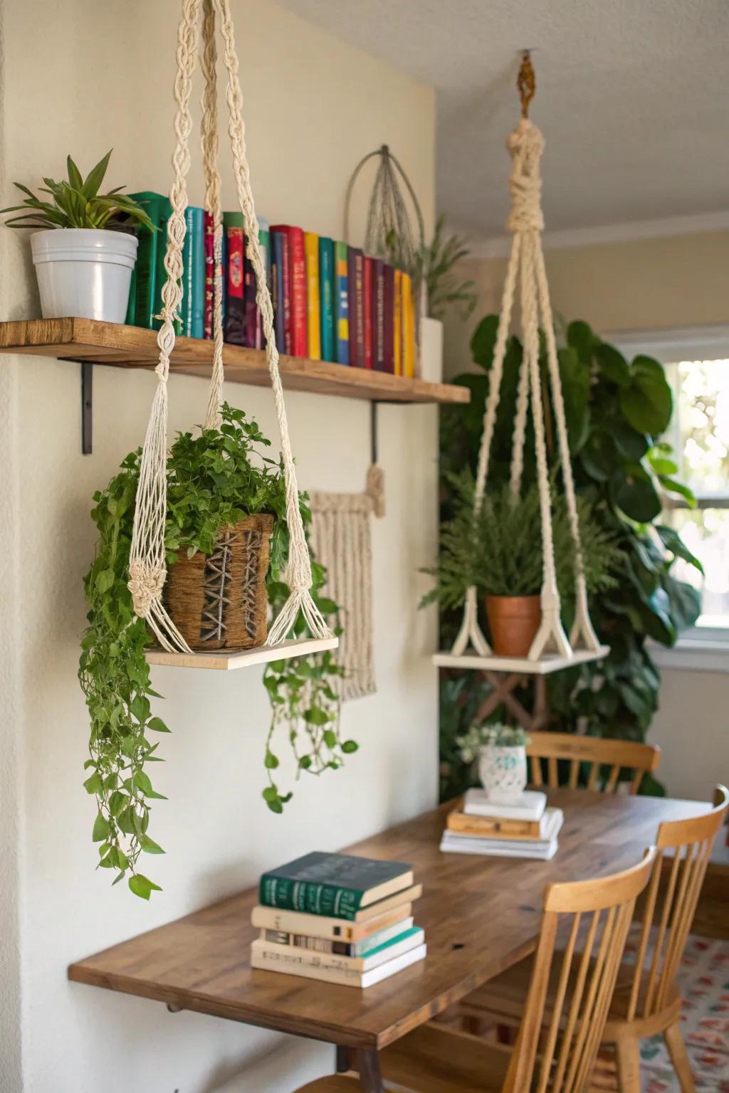 Macrame elevated shelves offering charm and storage.