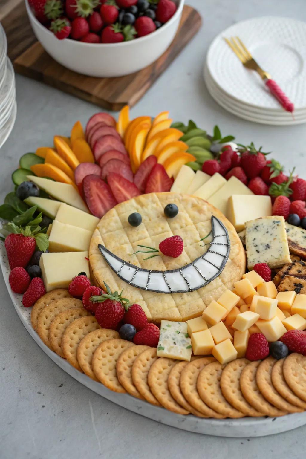 A Cheshire Cat cheese display featuring snacks arranged in a whimsical grin.