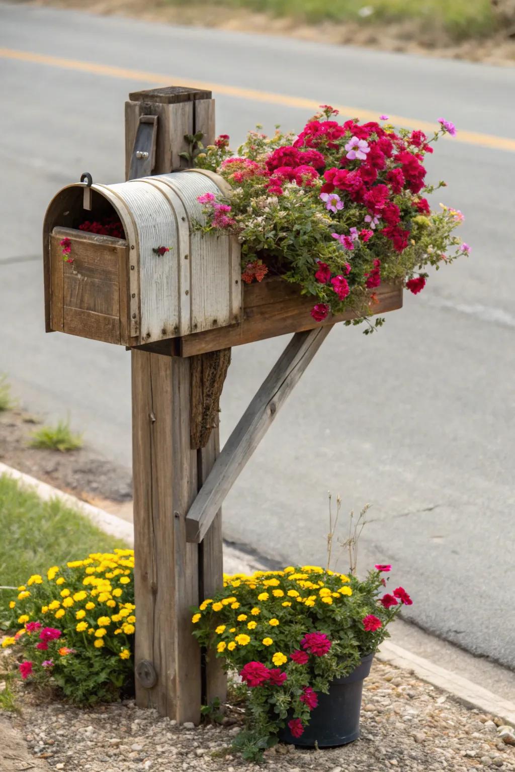 Timber accents impart warmth and an organic sensation to mailbox planters.