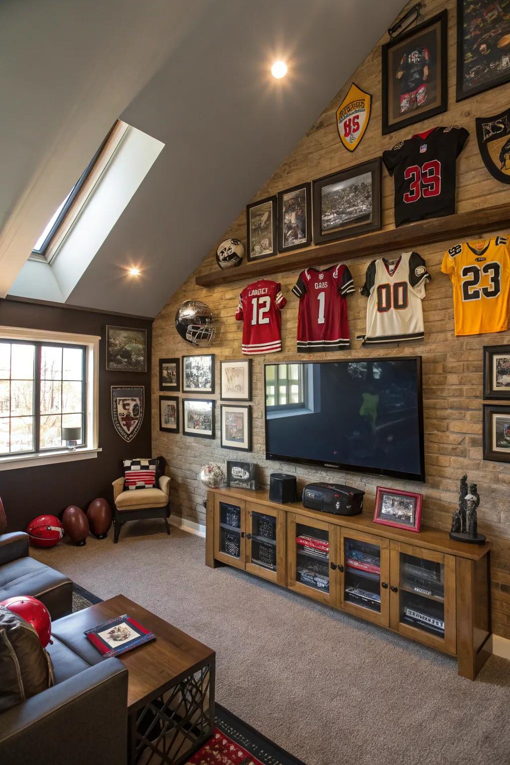 A sports enthusiast's dream loft, complete with collectibles and a large screen for game day.