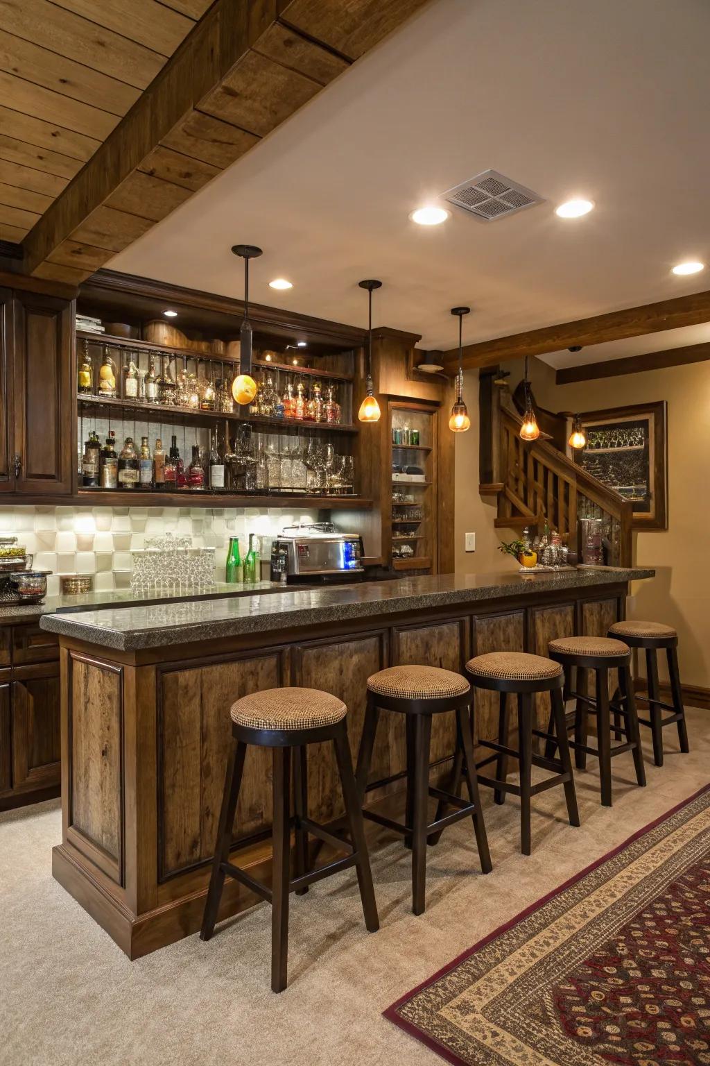 Unwind and host gatherings in a uniquely styled pub-themed man cave.