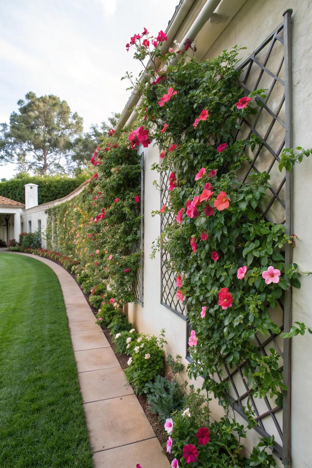 A wall-mounted trellis with <strong><em>Dipladenia splendens</em></strong> transforms a simple wall into a lively feature.” loading=”lazy” class=”pimg”>
	</picture><figcaption>A wall-mounted trellis with <strong><em>Dipladenia splendens</em></strong> transforms a simple wall into a lively feature.</figcaption></figure>
<p>A wall-mounted trellis can convert a simple facade into a vibrant tapestry of color. I’ve observed how this strategy transforms dull walls into dynamic garden characteristics, perfect for restricted areas.</p>
<h3>These products might help:</h3>
<ul class=