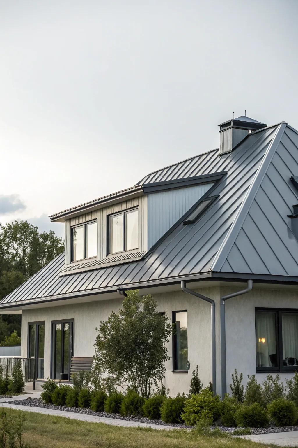 The metal roofing gives this mansard roof a current, fresh edge.