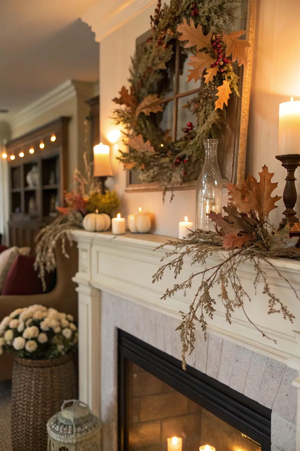 Seasonal accents subtly enrich and diversify this mantel.