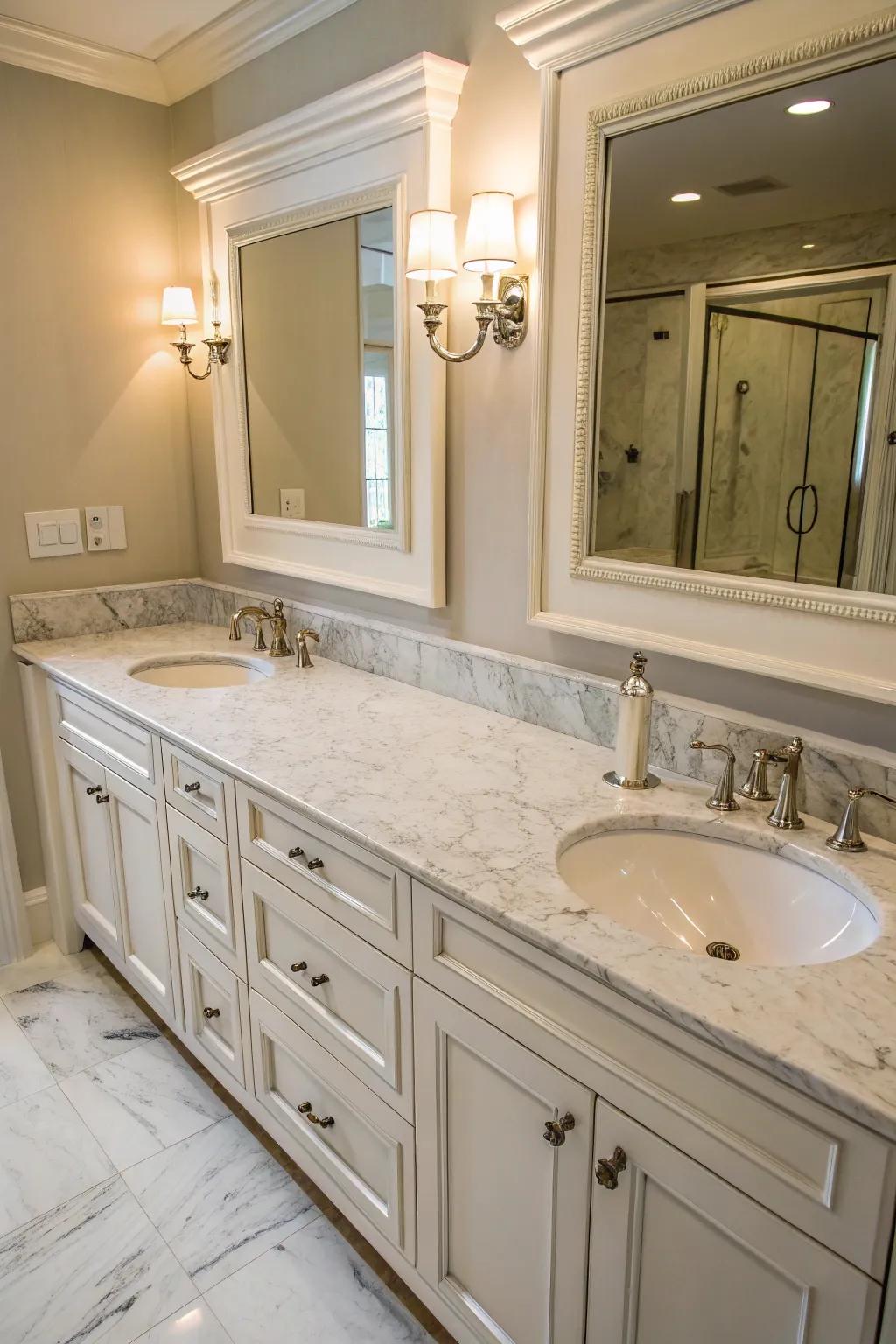 Dual sink vanities blend functionality with style, enhanced by a marble countertop.