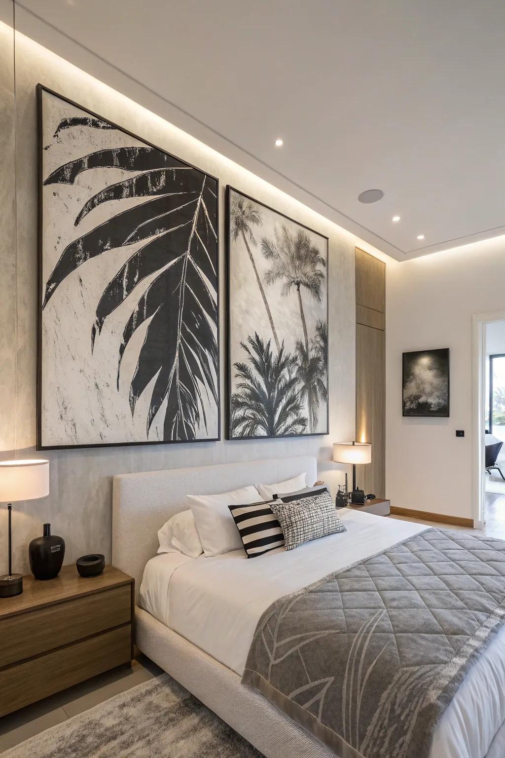 Striking mural art accentuates the room's modern atmosphere.