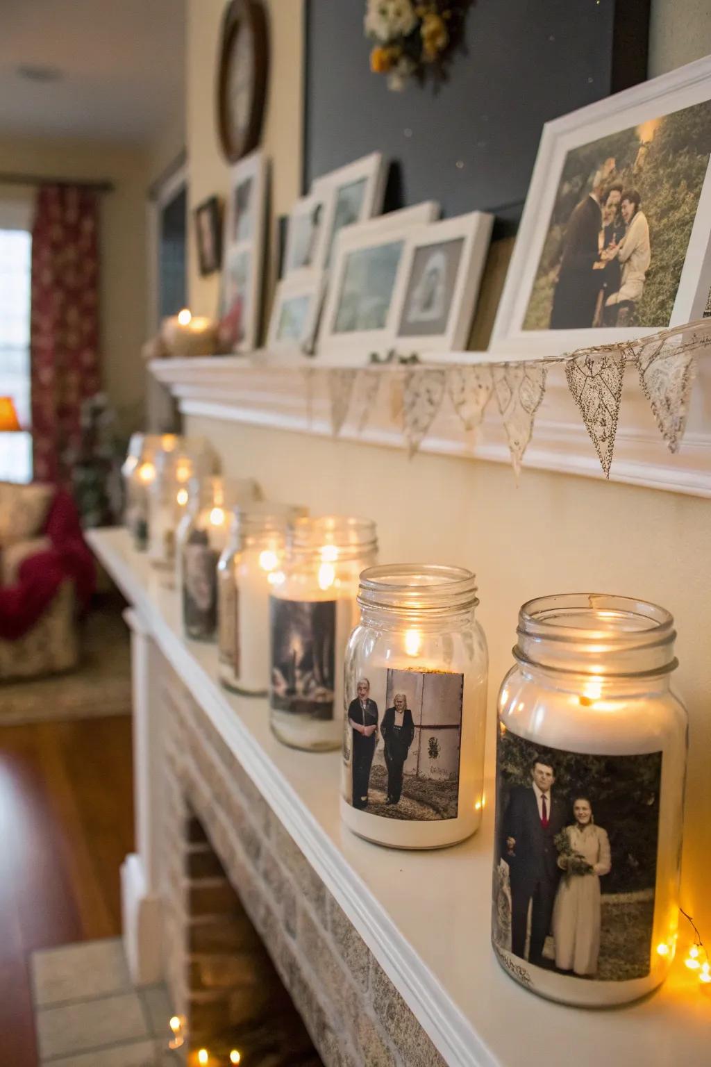 Nostalgic utility canister photo displays on a hearth.