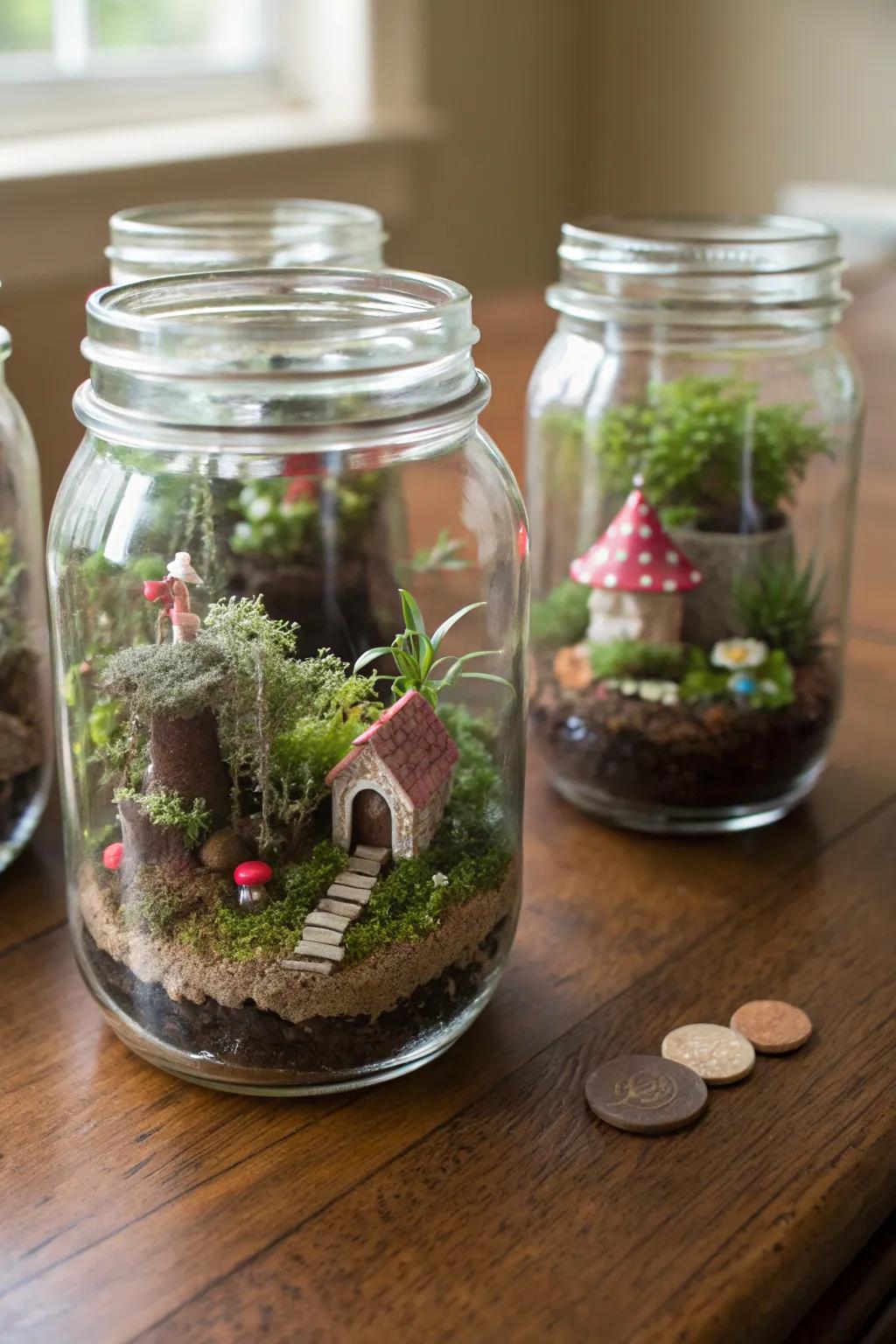 Design captivating miniature worlds featuring fairy gardens in preserving jars.