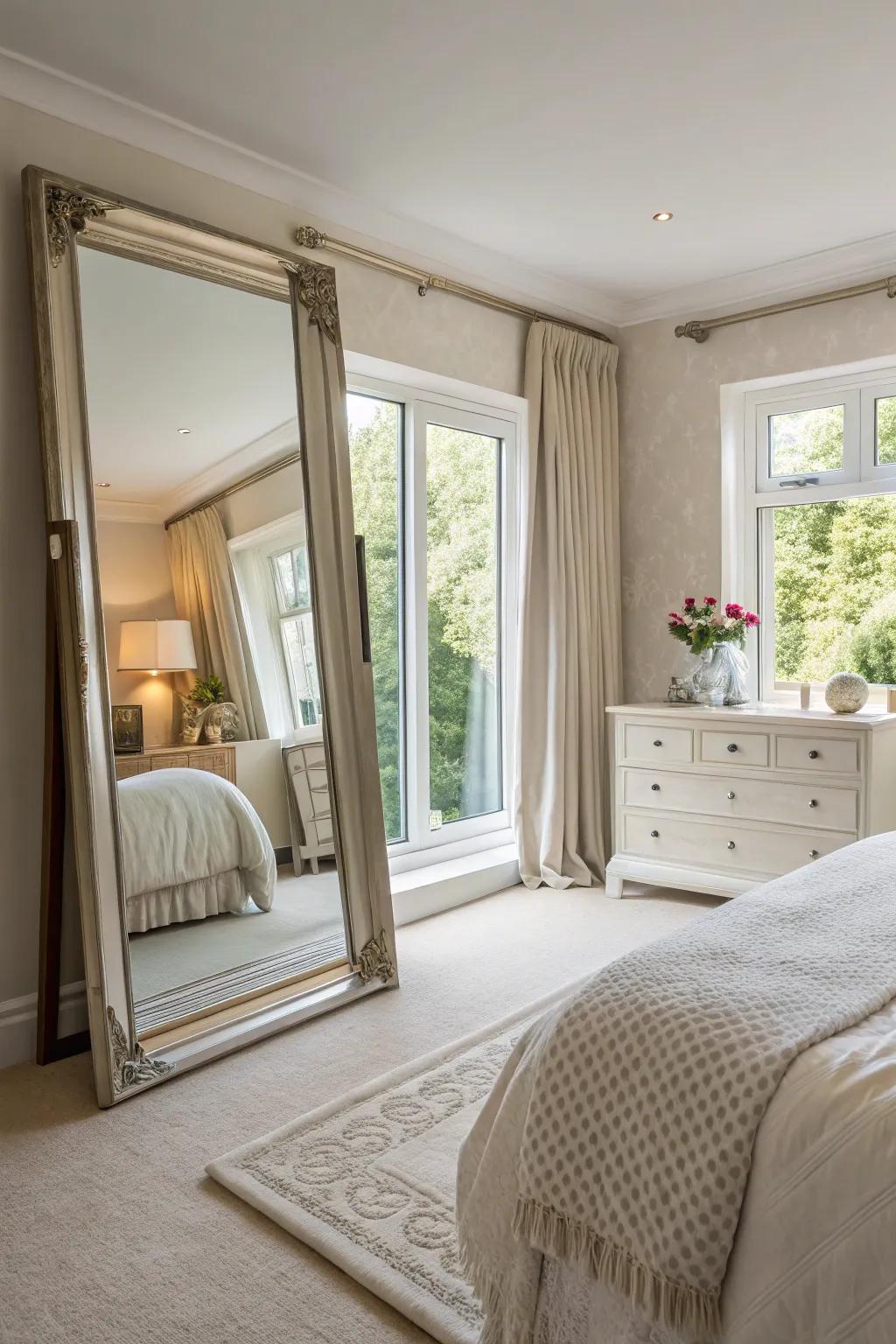 Mirrors enhance light and space in a primary bedroom.