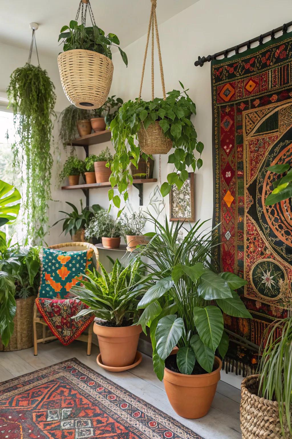 Vegetation brings a hint of the outdoors into this lively setting.